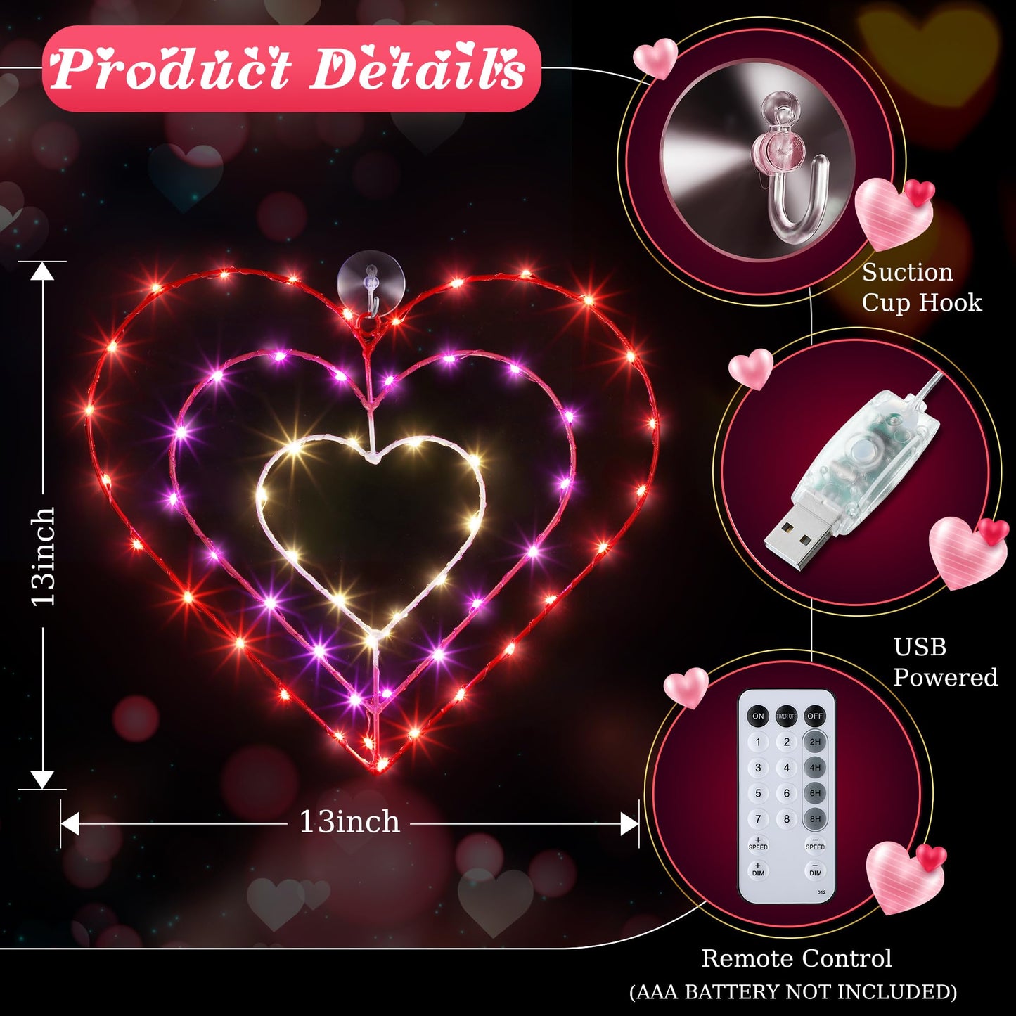 13 Inch Valentines Lights, Valentines Day Decorations with 8 Modes Timer Remote for Valentine‘s Day, Wedding, Proposal, Party Decorations(1 Pack, Heart)
