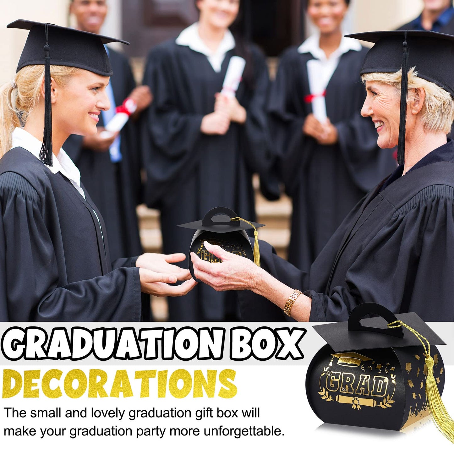 Spakon 30 Pcs Graduation Cap Gift Box Graduation Party Favors Candy Boxes Treat Box with Tassel Table Centerpieces Class of 2026 Grad Decorations(Black, Gold)