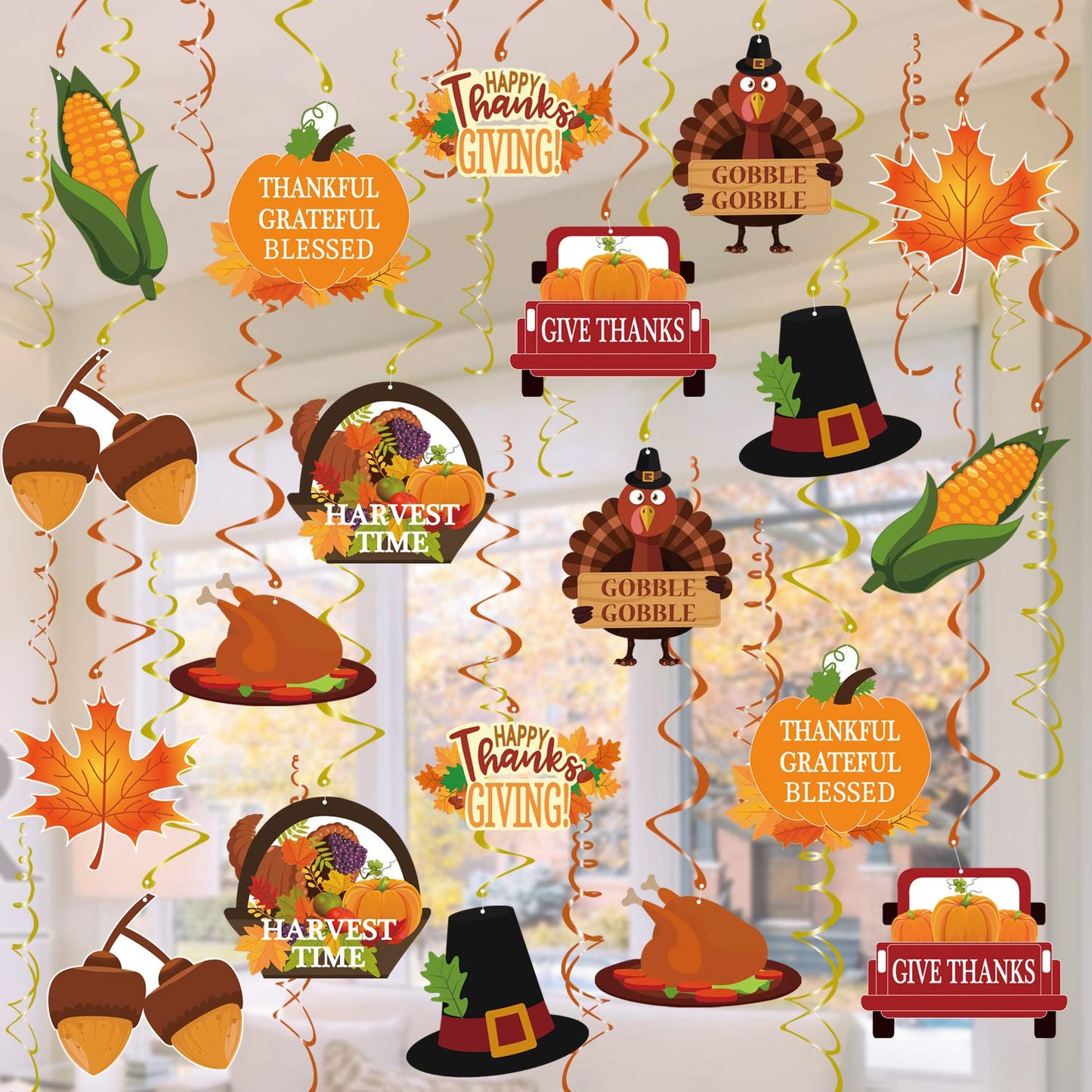 Thanksgiving Decorations Hanging Swirl - 34Pcs Thanksgiving Hanging Ceiling Streamers - Turkey Corns Pumpkin Maple Leaves Swirls for Home Indoor Outdoor Party Office Decor Supplies (NO DIY Required)