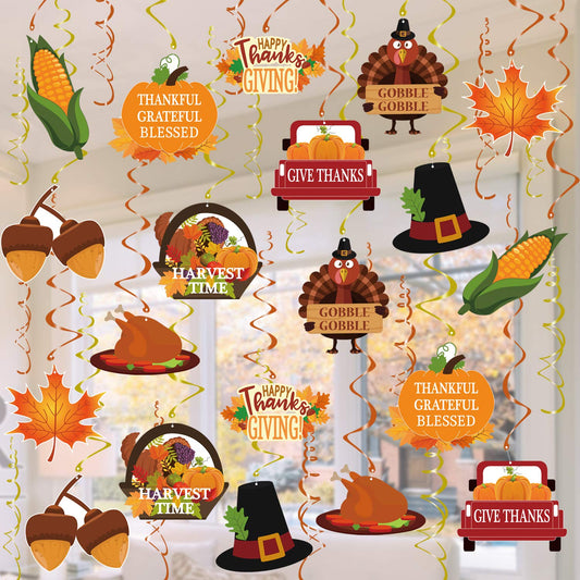 Thanksgiving Decorations Hanging Swirl - 34Pcs Thanksgiving Hanging Ceiling Streamers - Turkey Corns Pumpkin Maple Leaves Swirls for Home Indoor Outdoor Party Office Decor Supplies (NO DIY Required)