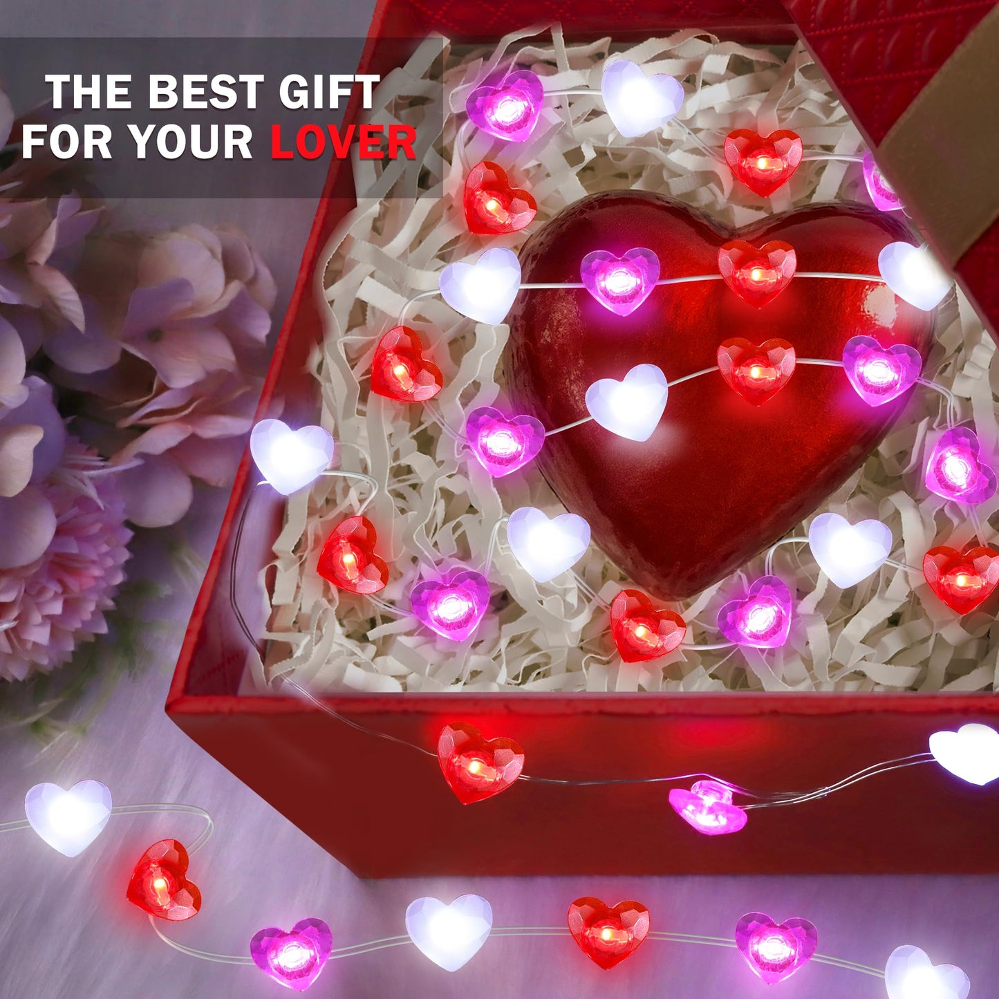 2 Pack Valentines Day Decor 20FT 60 LED Heart Twinkle Fairy Lights Battery Operated, 8 Modes Romantic Red Pink White Heart String Lights Valentines Decorations for Home Party Bedroom Wedding