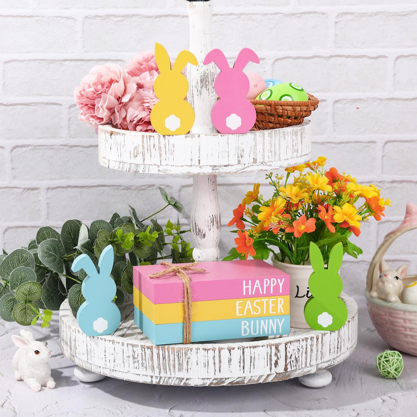 7Pcs Easter Wooden Tiered Tray Decor Pastel Happy Easter Bunny Faux Stacked Books Rabbit Table Centerpiece Block Signs for Spring Party Farmhouse Home Kitchen