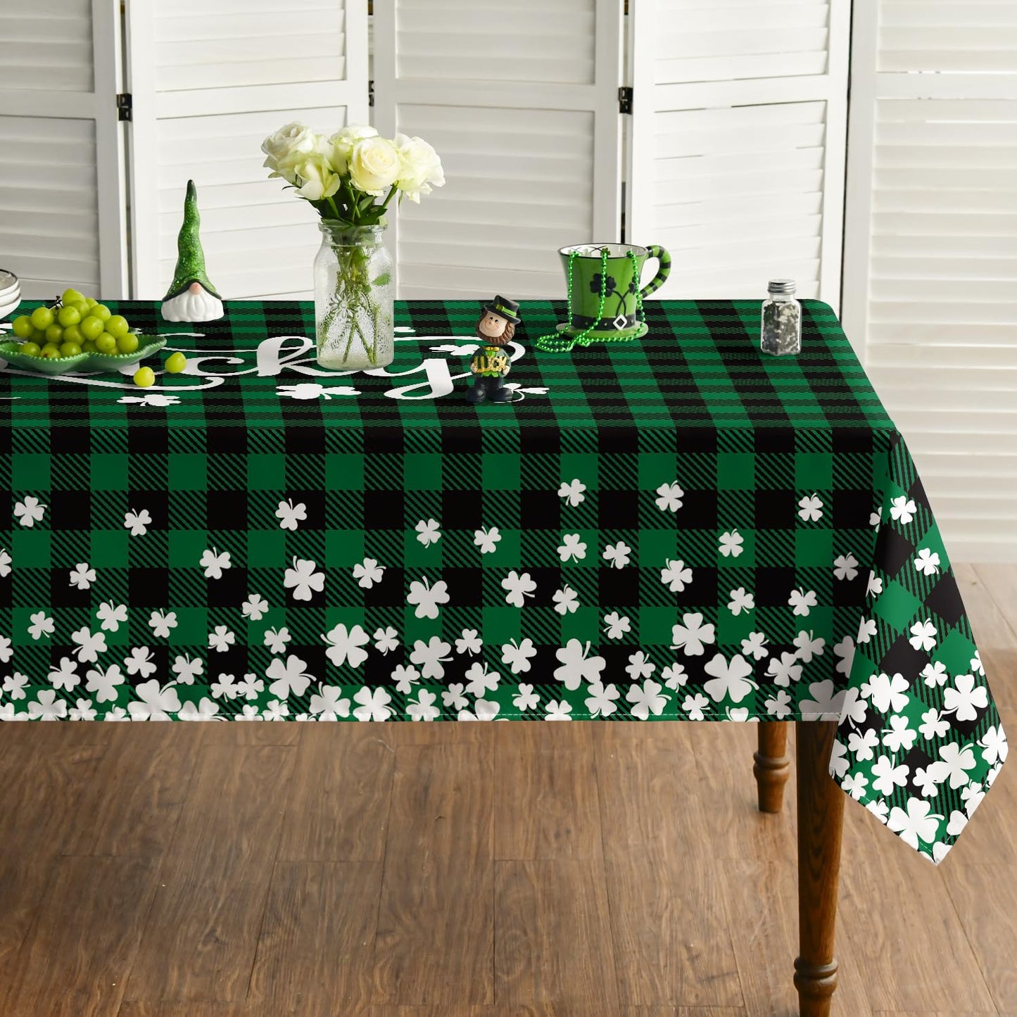 St. Patrick's Day Rectangular Tablecloth 60×84 Inch, Buffalo Plaid Shamrock Lucky Washable Table Cover for Party Picnic Dinner Decor
