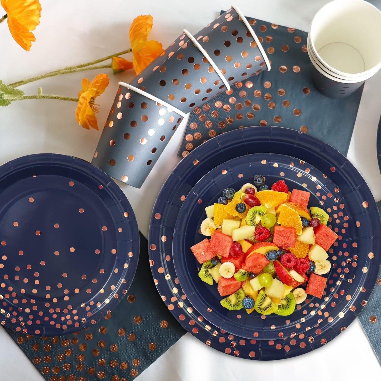 Rose Gold Party Decorations Serve 25, Blue Party Plates and Napkins Sets 175Pcs, Pink and Blue Birthday Plates, Navy Blue Plates for Wedding Briade Party Supplies