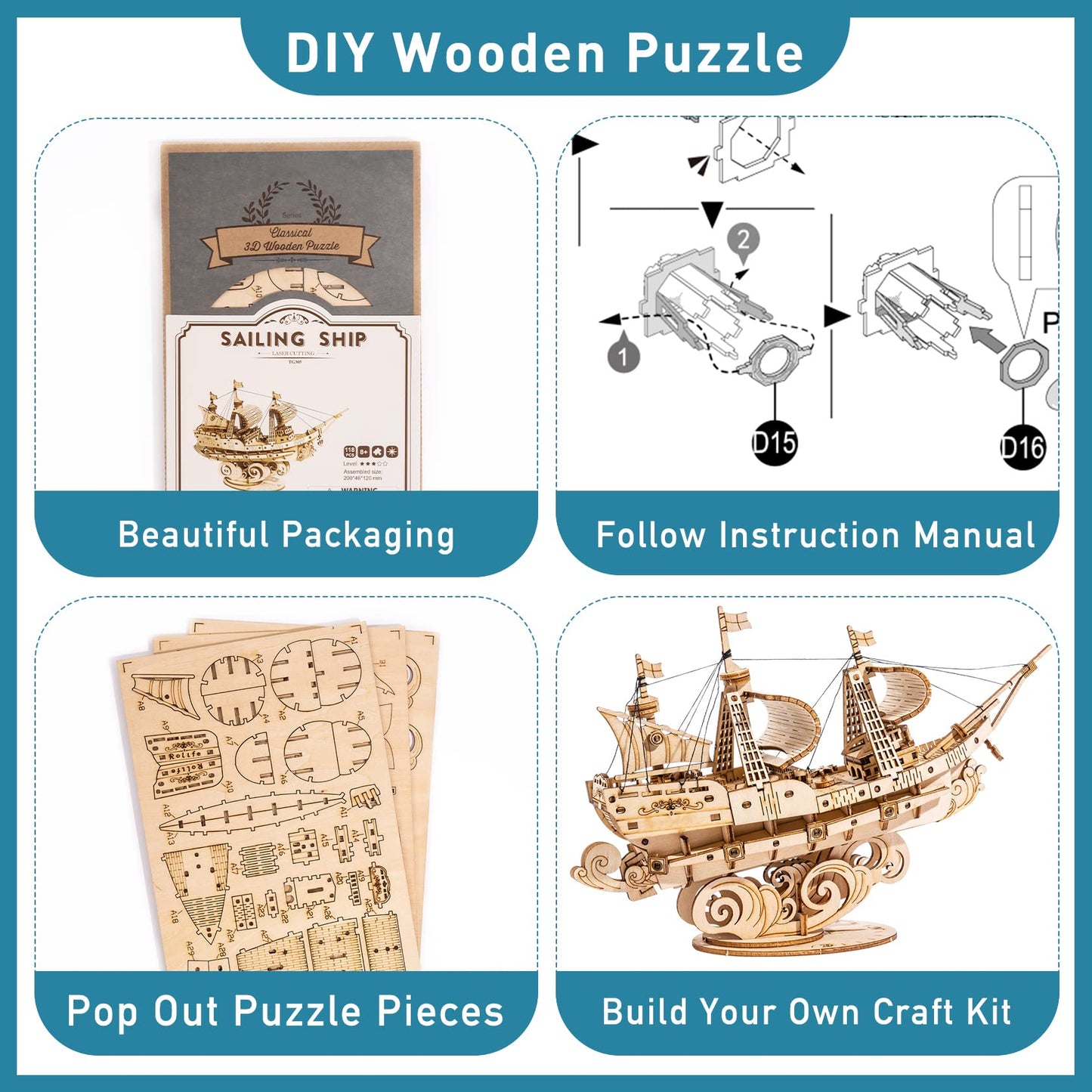RoWood 3D Wooden Puzzle for Adults, Vintage Wooden Watercraft Model Sailboat Kit to Build, Best Gift Ideas Crafts Kit for Adults - Sailling Ship