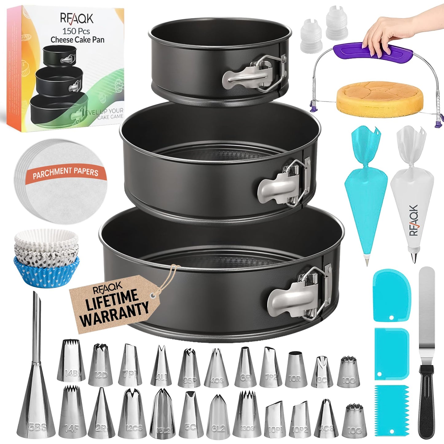 RFAQK 150PCs Cake Pan Set for Baking + Cake Decorating Supplies: 3 Round Non Stick Springform Pan Set (4, 7, 9 inches),24 Icing Tips,Cake Leveler–Multi-functional Leak-Proof Cake Pans & eBook