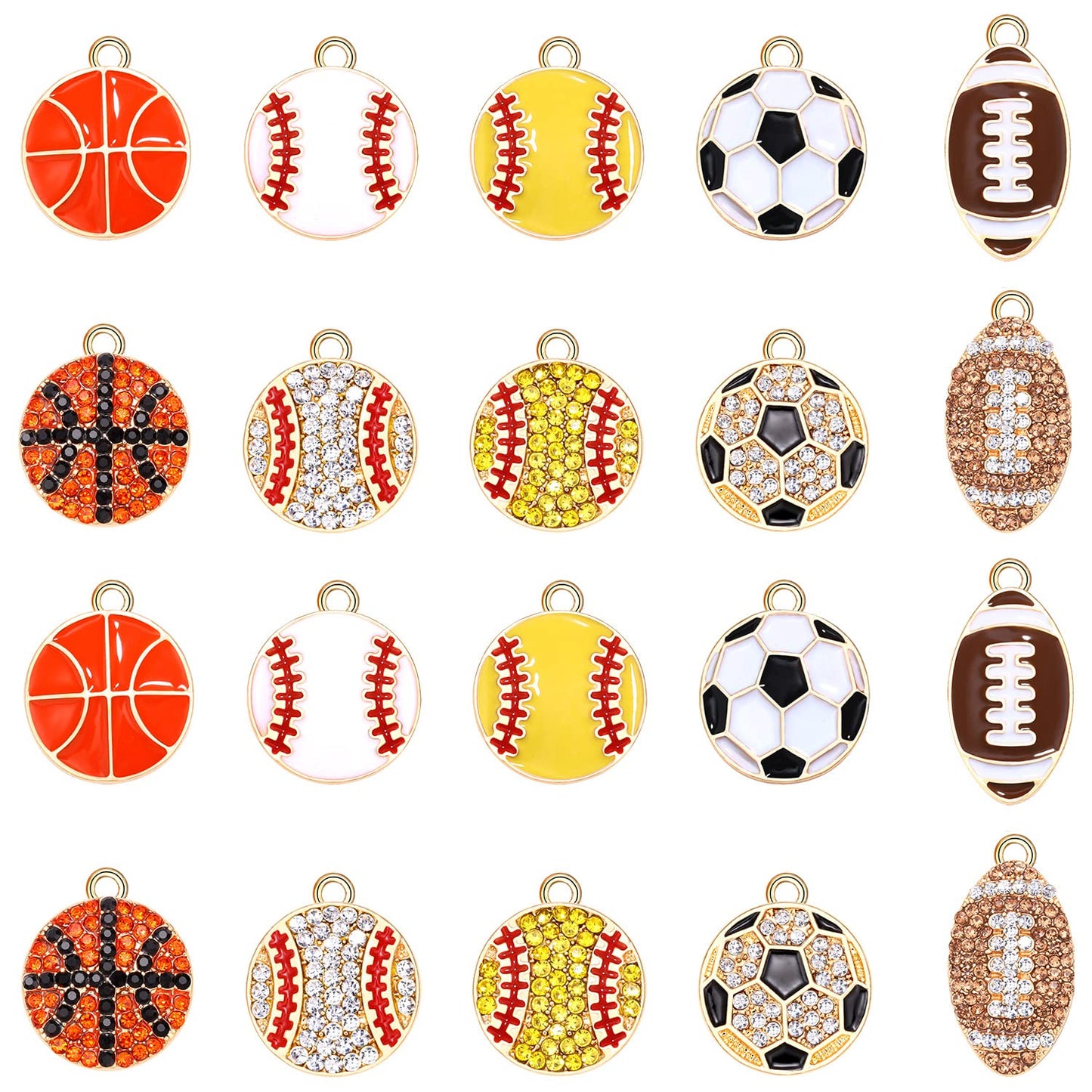 20PCS Sports Charms Enamel Basketball Baseball Pendant Charms for Jewelry Making Rhinestone Ball Game Softball Charms for Necklace Bracelet Earrings DIY Crafts (Set 1)