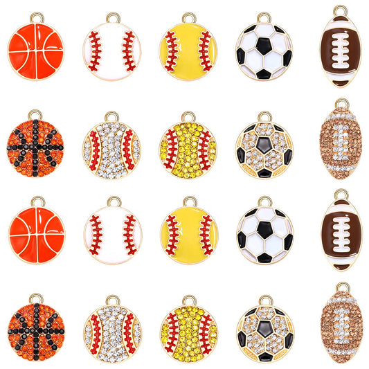 20PCS Sports Charms Enamel Basketball Baseball Pendant Charms for Jewelry Making Rhinestone Ball Game Softball Charms for Necklace Bracelet Earrings DIY Crafts (Set 1)