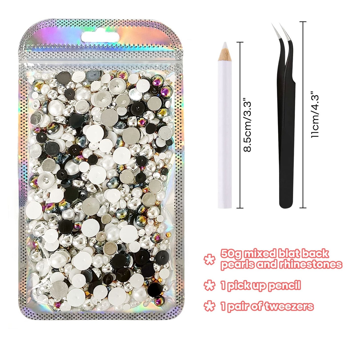 ASTARON 50g Mix Flatback Rhinestones Half Pearls for Crafts Mixed Size 3mm-10mm Flat Back Rhinestones for Crafts Flatback Pearls for DIY Tumblers Mugs Nail Art Shoes Clothes (Black White Series)