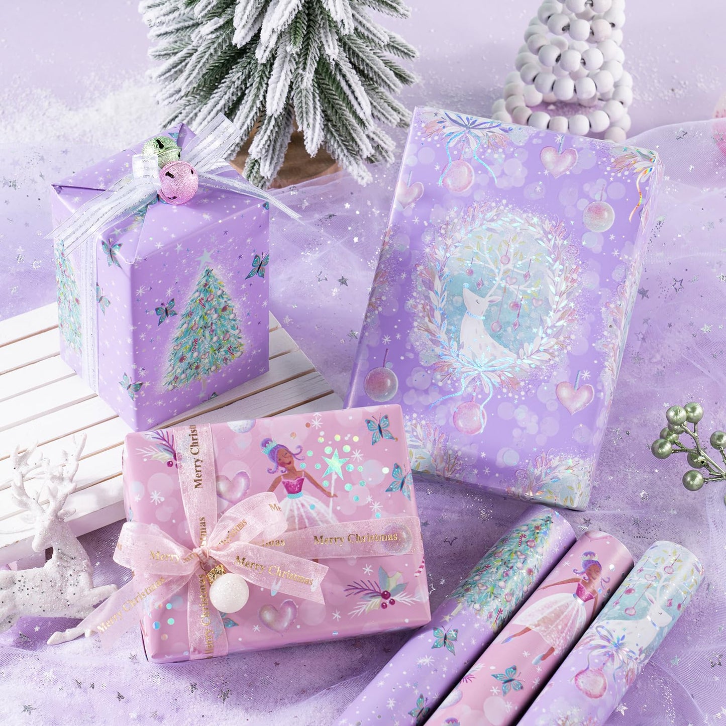 Christmas Wrapping Paper Roll - Mini Roll - 3 Rolls - 17 Inch x 120 Inch Per Roll - Girls Christmas Wrapping Paper - Pastel Purple Holiday Design with Metallic Foil Shine