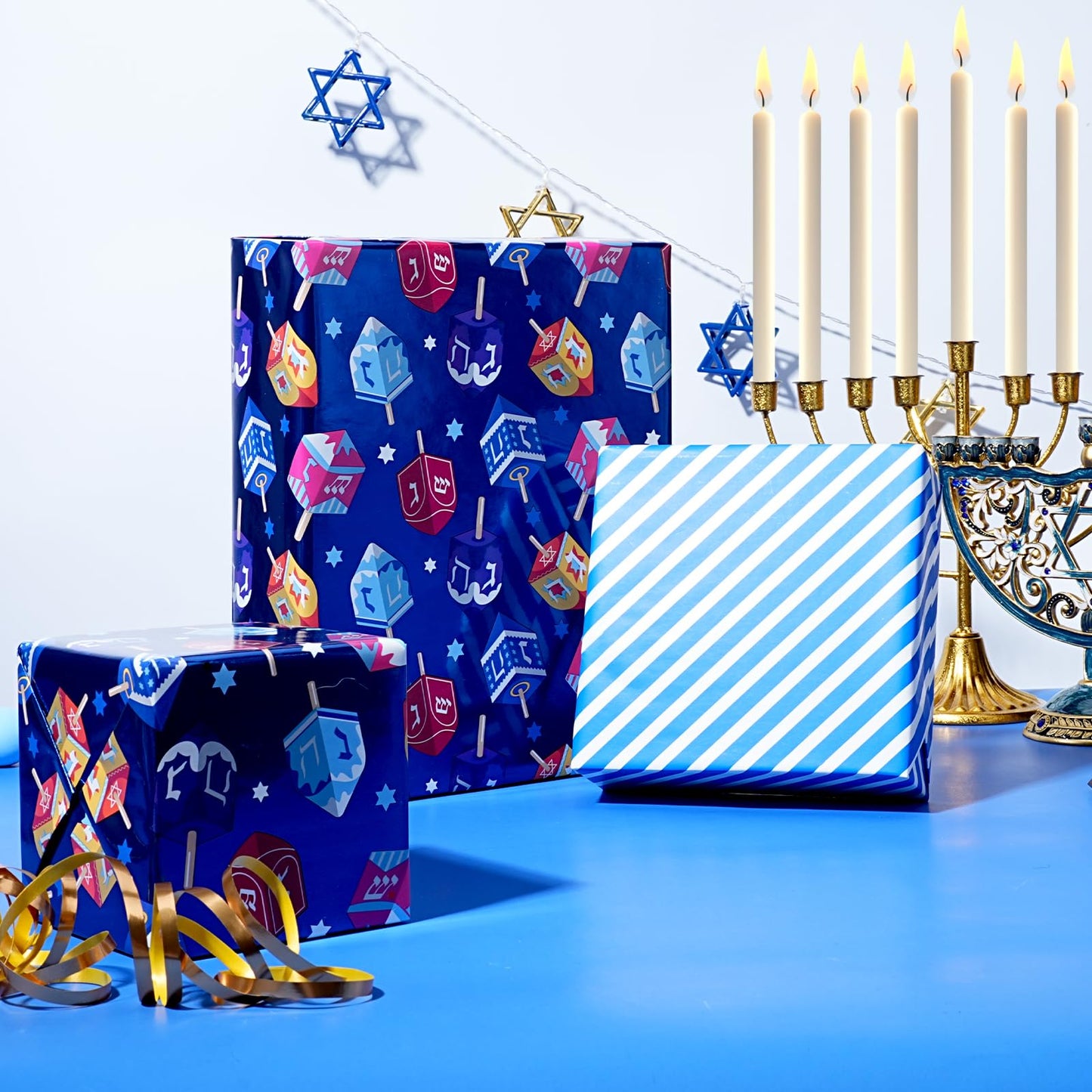 Hanukkah Wrapping Paper Roll, Double-Sided Foil Gift Wrap with Dreidel & Stripes, 17 inch x 33 feet, Blue Holiday Wrapping for Family, Kids Presents & Party Supplies