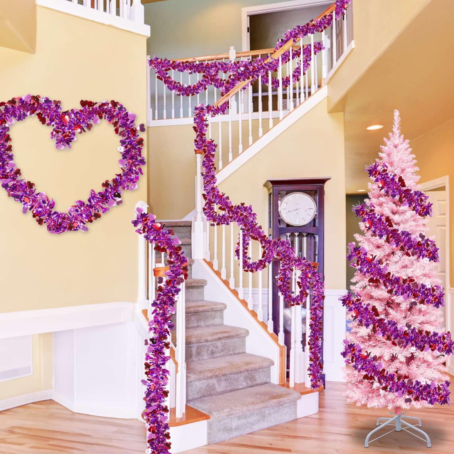 TURNMEON 33 Feet Valentines Day Decorations Heart Tinsel Garland, Red Pink Purple Metallic Garland Valentines Day Garland Decorations for Tree Home Indoor Outdoor Wedding Hanging Galentine's Day Decor