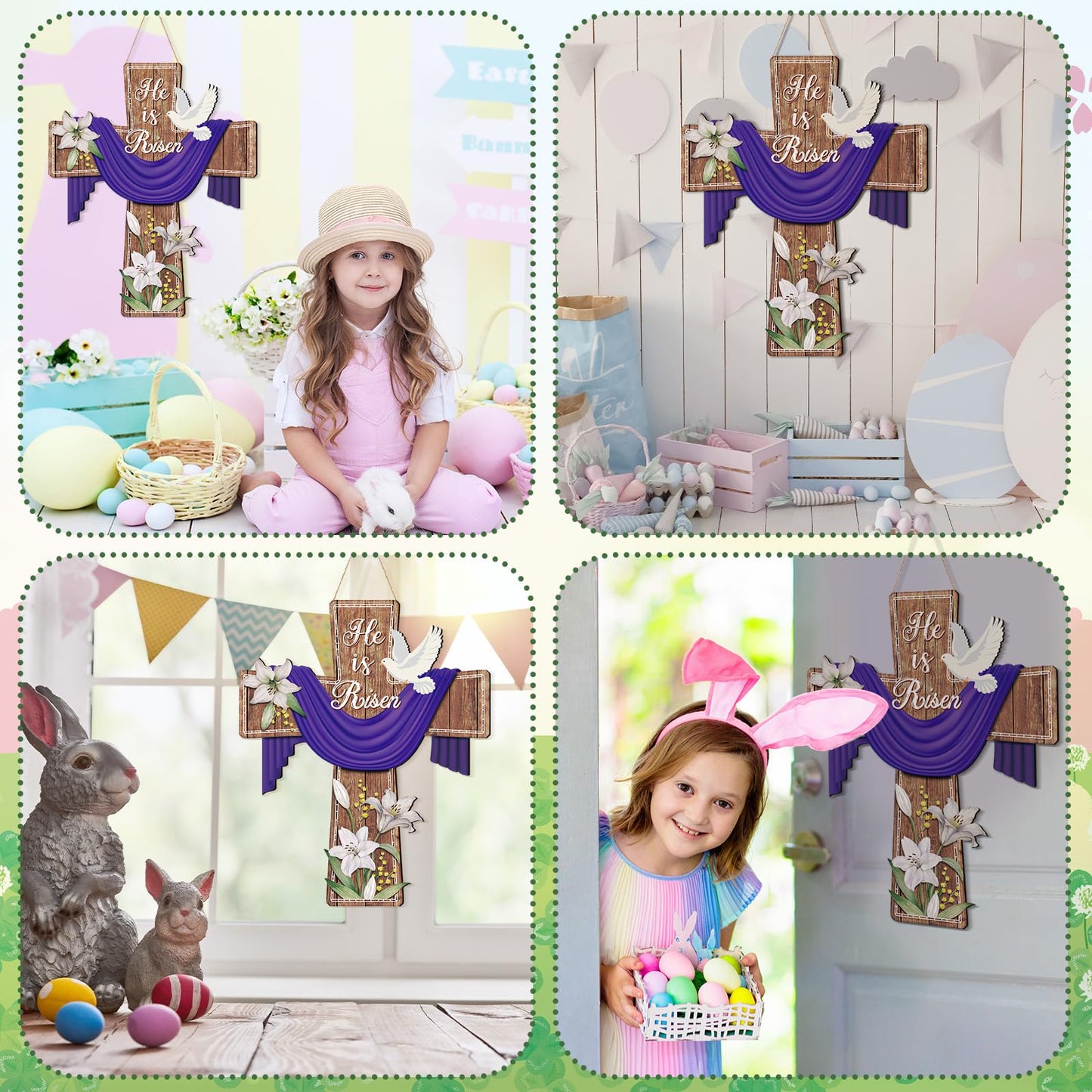 Easter Door Sign He Is Risen Hanging Decor Religious Cross Sign Easter Wreaths for Front Door Christian Flowers Lent Hanging Hanger for Farmhouse Front Porch(Cross,15.75 x 19.69 Inches)