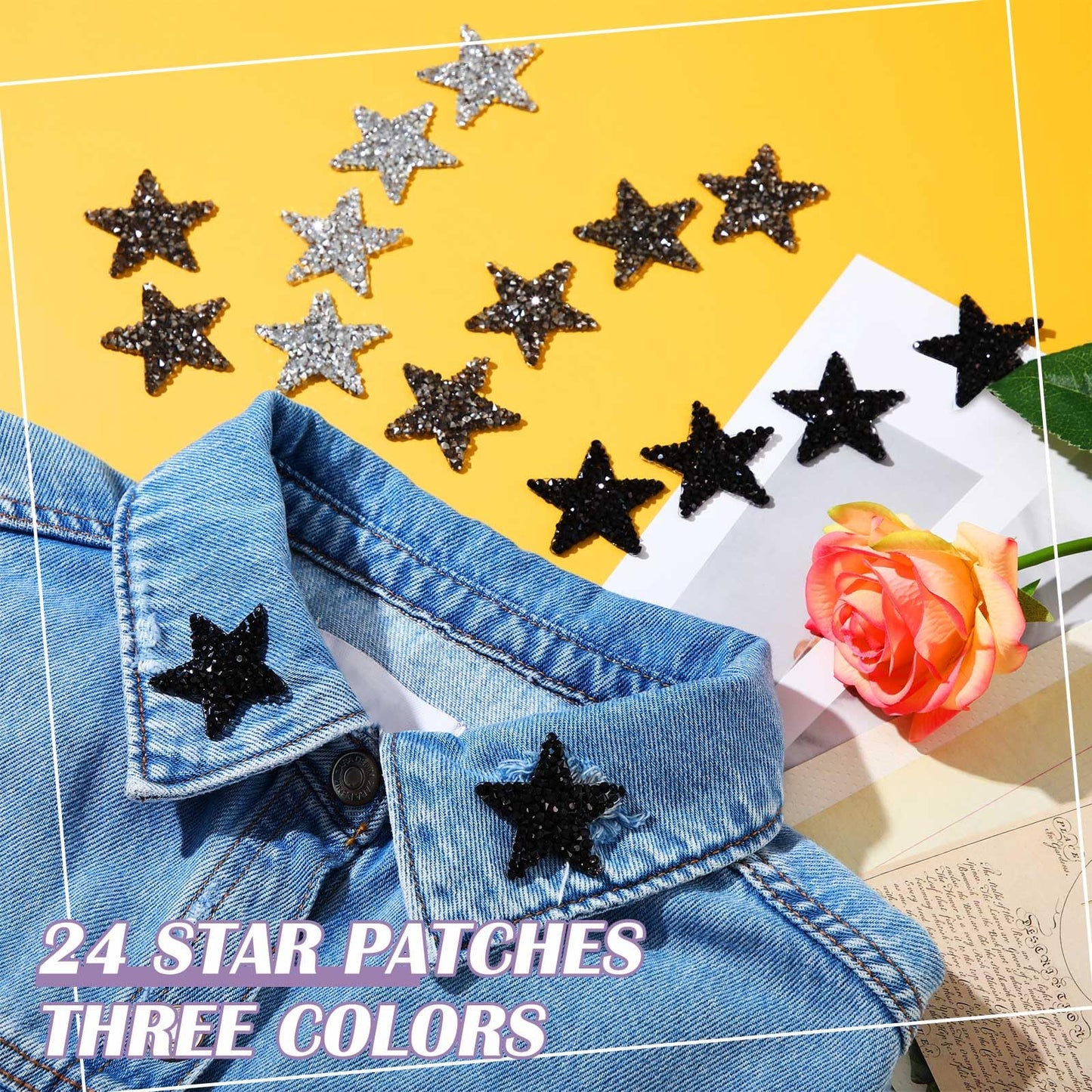 Syhood 24 Pcs Star Patches Iron on Rhinestone Adhesive Sequin Glitter Star Patches Appliques for Graduation Holiday Wedding Clothing Jeans Repair Decors(1.57 Inch,Black, Silver, Grey)