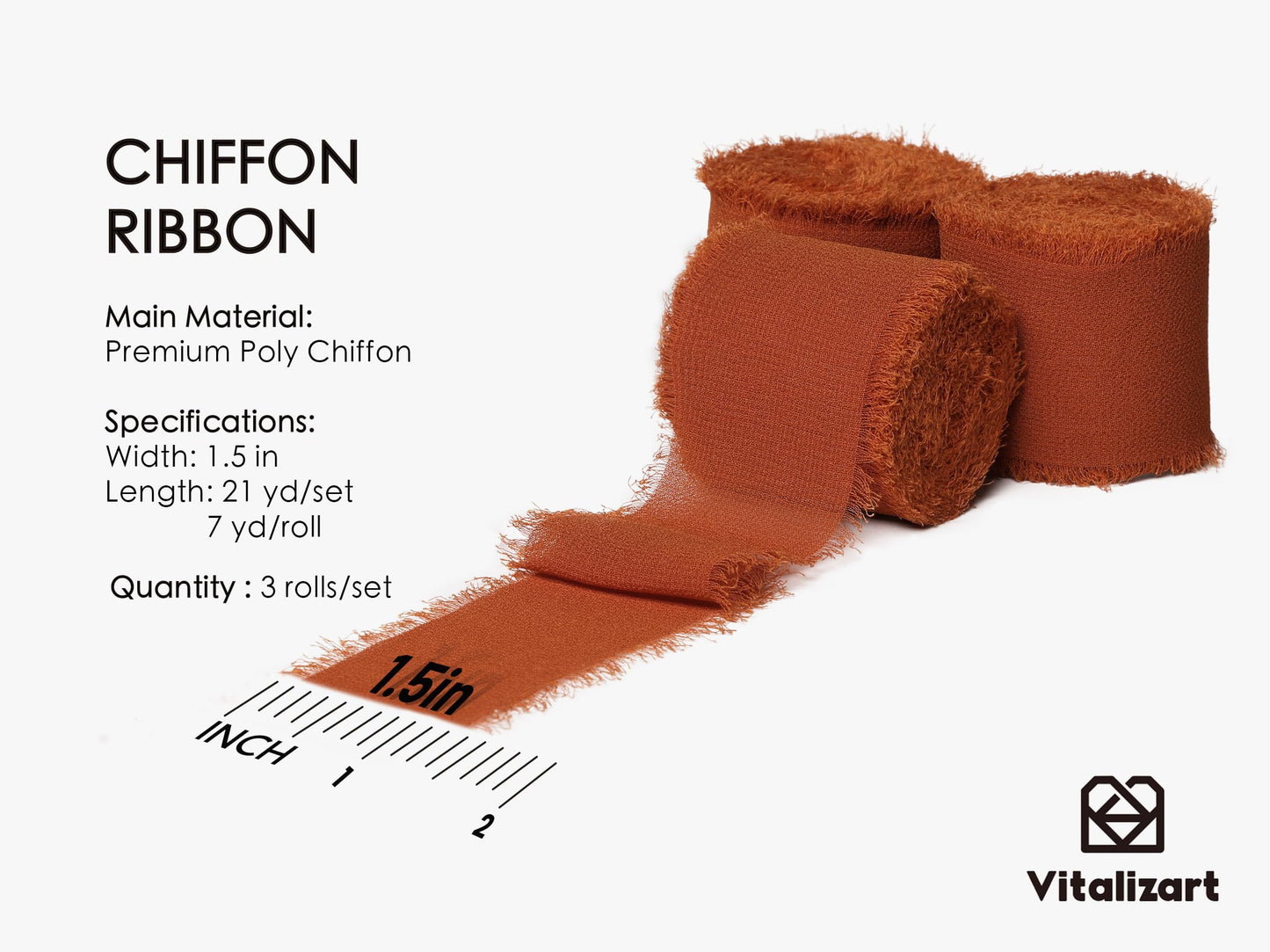 Vitalizart Terracotta Handmade Chiffon Silk Ribbon Fringe 3 Rolls 1.5" x 21 Yd Frayed Edges Ribbons for Wedding Invitations Bridal Bouquets Gifts Wrapping Crafts Holiday Decor
