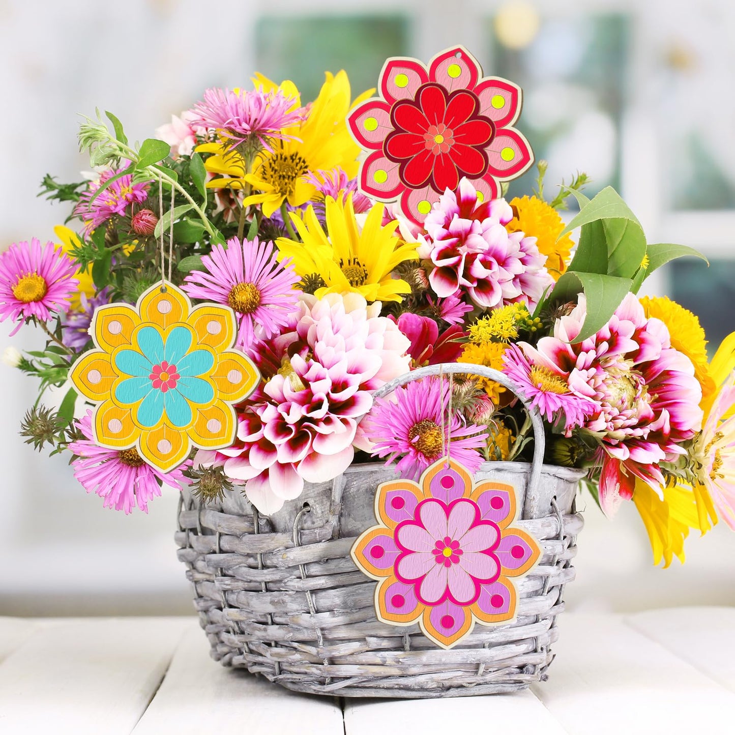 Wooden Flower Ornaments to Paint Easter Spring Decoration Cutouts Unfinished 24PCS 3.5 x 3 inches, DIY Blank Unfinished Christmas Tree Wood Discs Ornament for Home Crafts Hanging