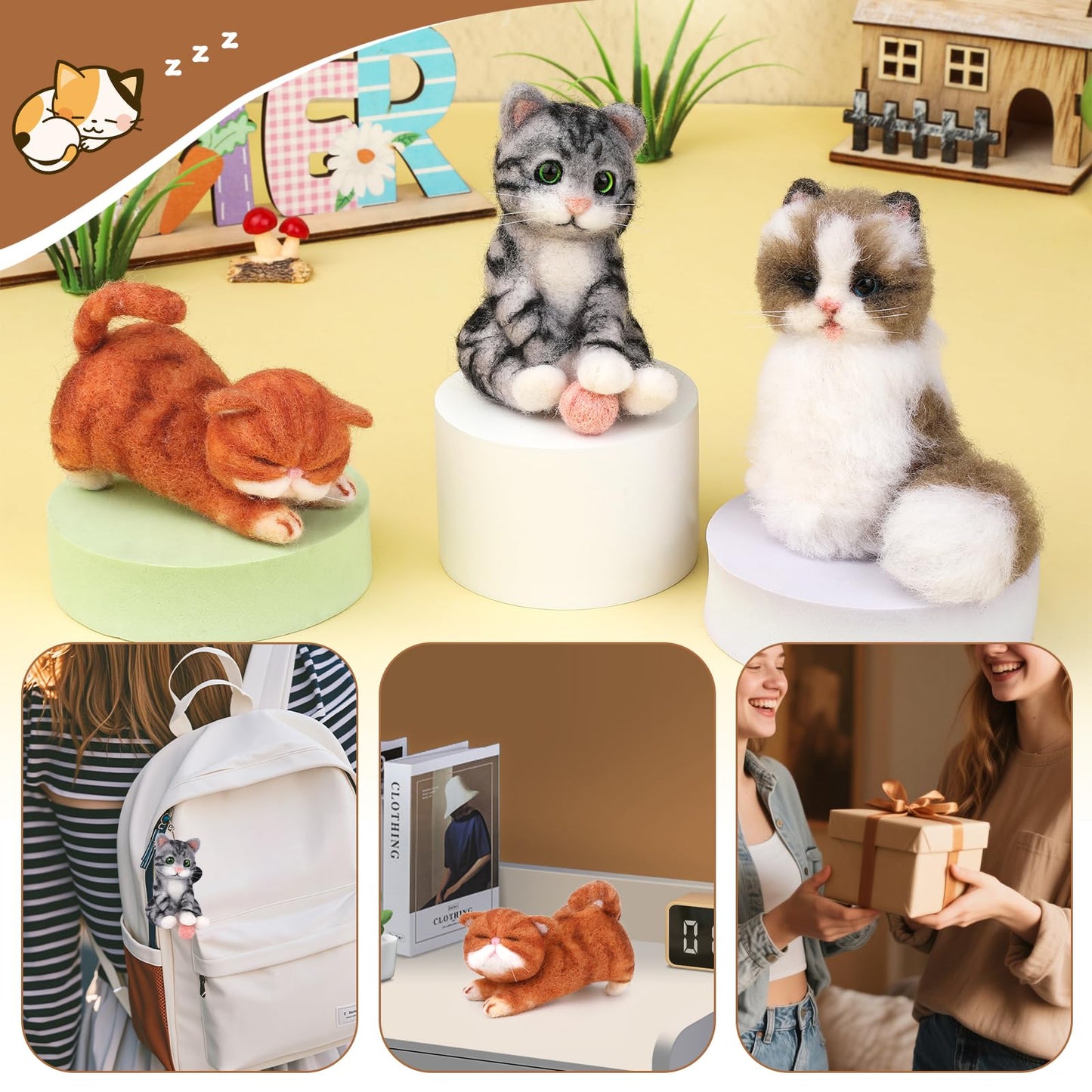 Needle Felting Kit, 3 PCS Cat Animal Needle Felting Beginner Kits Wool Felt Needle Felting Tools with Instruction for DIY Craft Animal Home Decoration