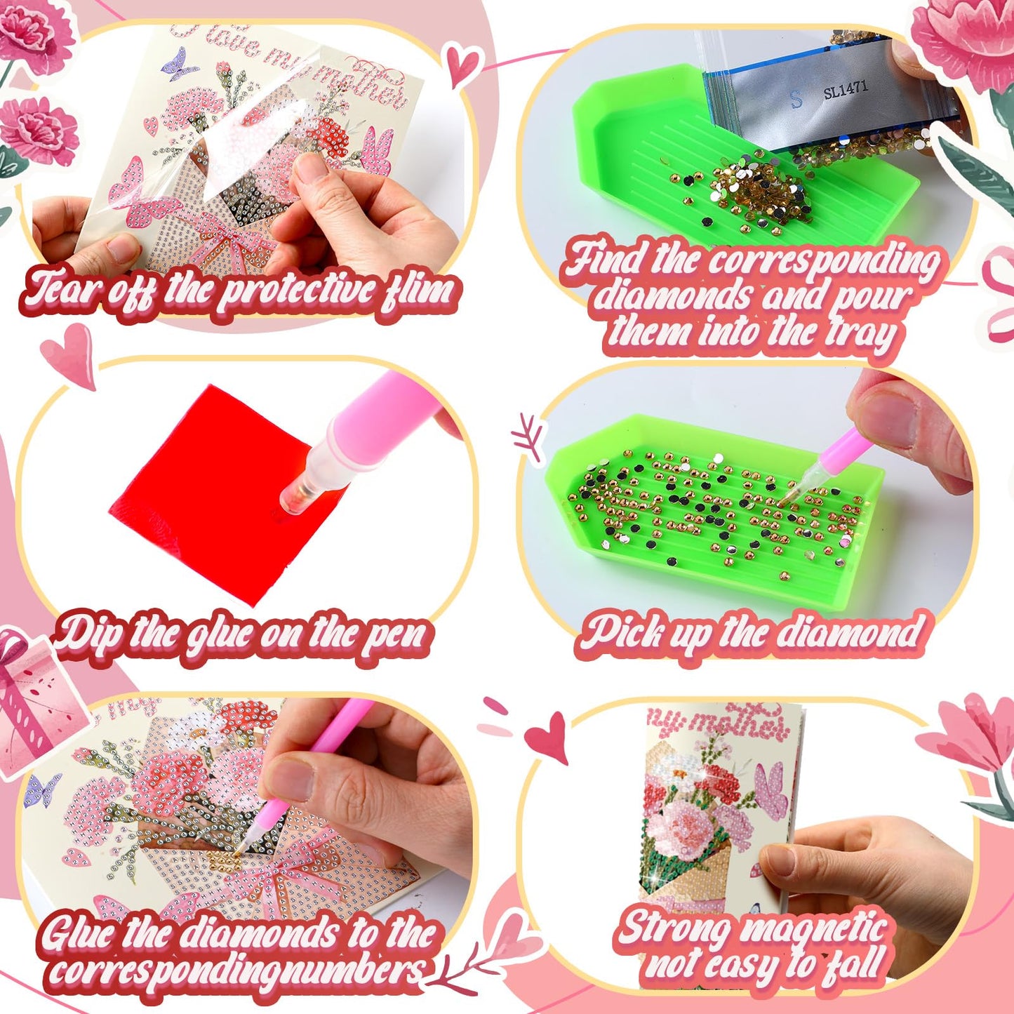 Saillong 12 Pack Mother's Day Diamond Painting Greeting Card Kits Mother's Day Diamond Art Cards with Envelopes 5D Rhinestones Painting Making Kits for Adult DIY Craft Family Friend Holiday Mom Gifts