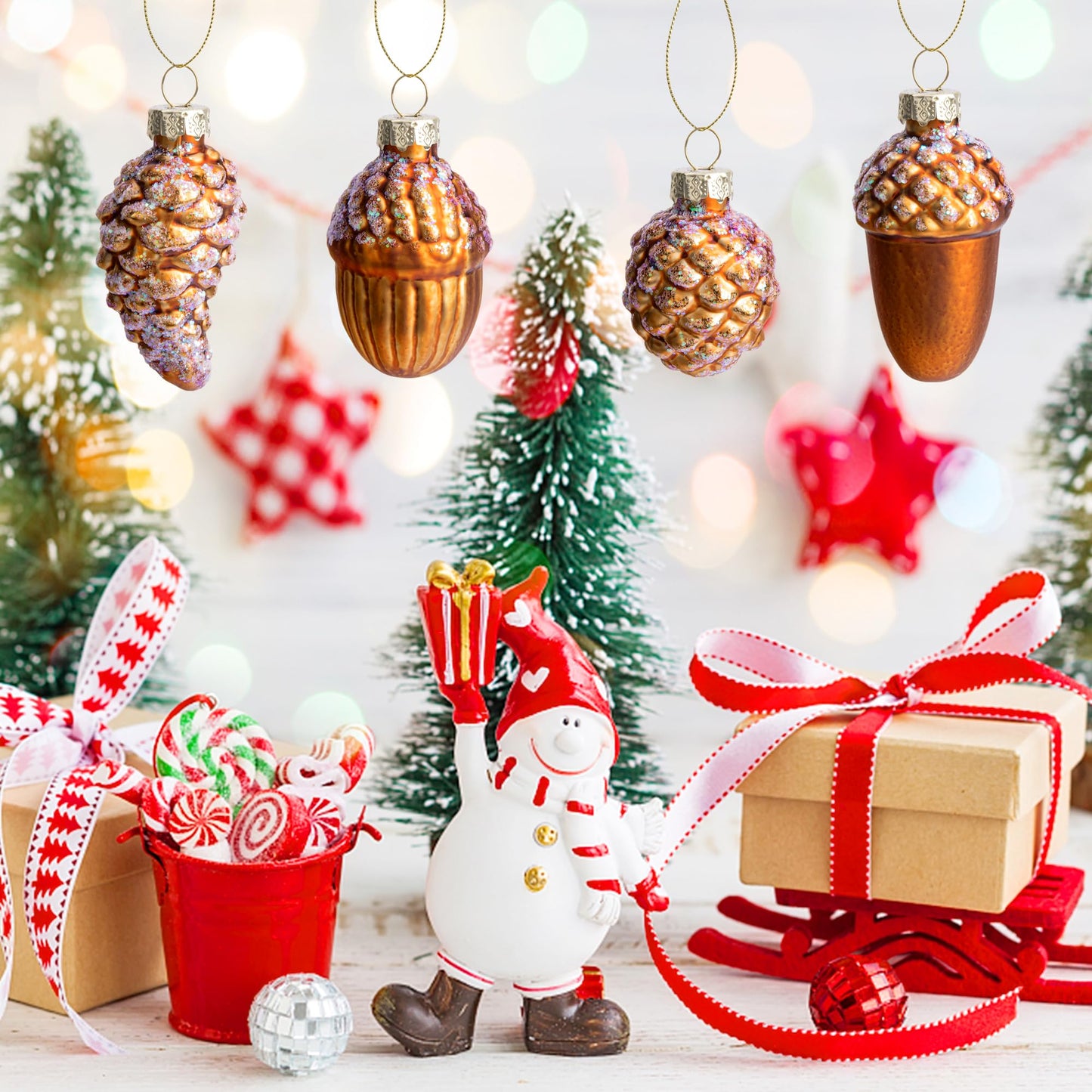 12 Pcs Christmas Glass Pinecone Ornaments- Christmas Pinecone Glass Blown Ornaments- Fall Hanging Pine Cone Glass Ornaments for Christmas Tree Fall Thanksgiving Day Decoration (A Style)