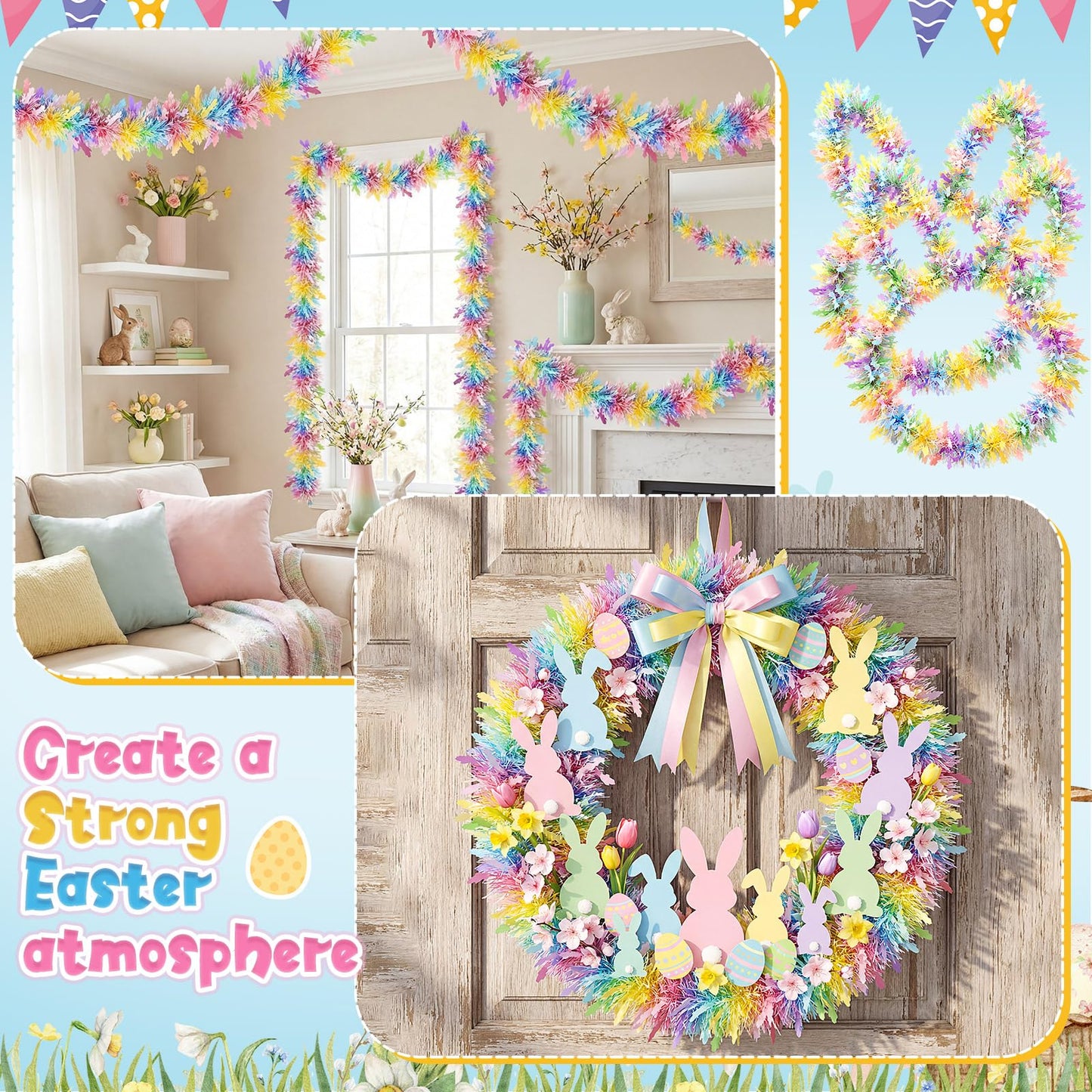 3 Pieces 49 ft Easter Tinsel Garland Decorations Pastel Pink Blue Yellow Metallic Festooning Garland Glittering Sparkling for Easter Party Spring Festival Indoor Outdoor Hanging Decor Holiday