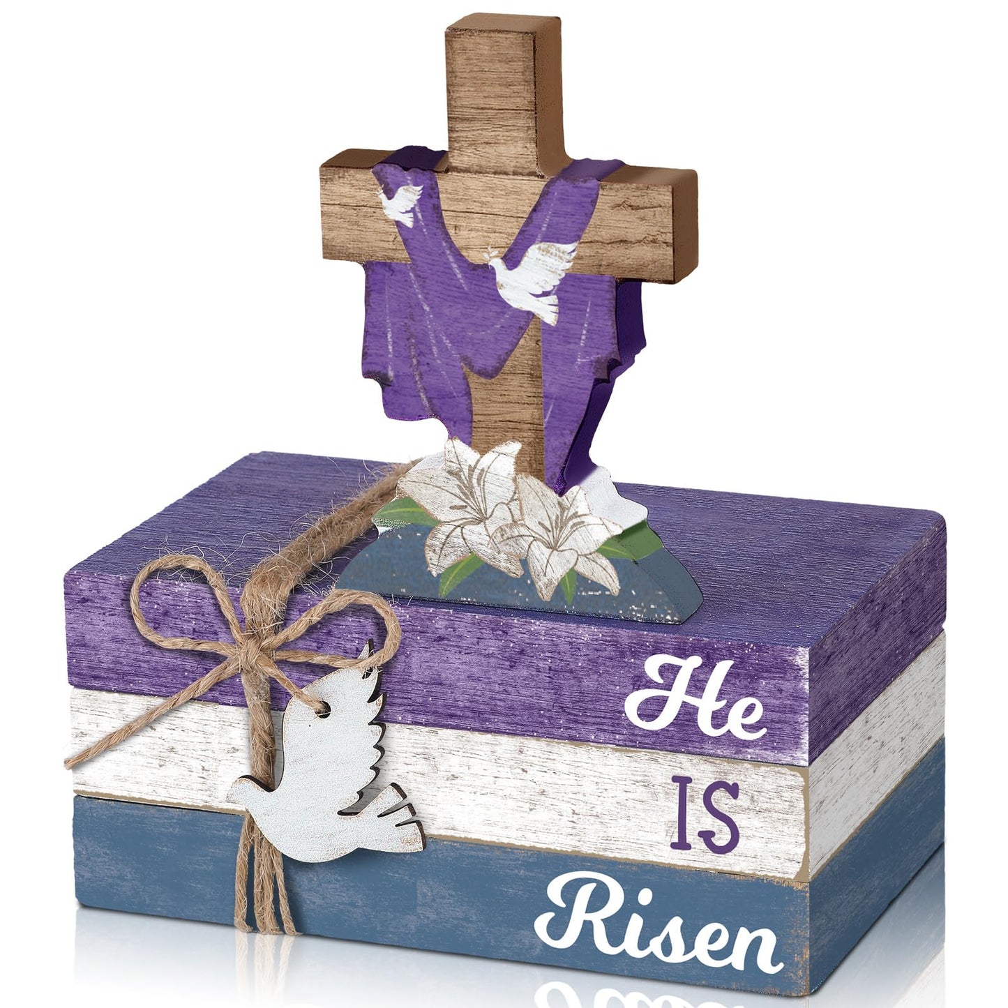 Ferraycle 4 Pcs Easter Decorations He is Risen Wooden Table Sign Religious Wood Centerpiece Easter Cross Blocks Farmhouse Tiered Tray Decor for Fireplace Home Kitchen Table Shelf Decor