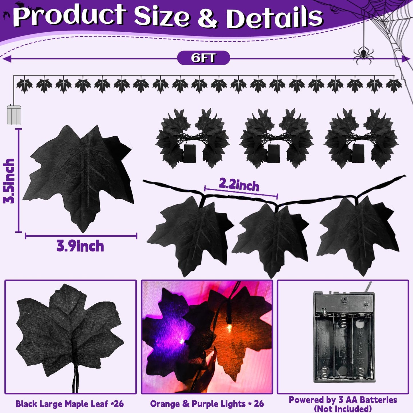 Timer & 3 Pack - Halloween Garland with Lights Total 18Ft 78LED Orange & Purple Lights Battery Operated Lighted Black Maples Leaves Garland Halloween Decorations Indoor Outdoor Mantle Home Door Stairs