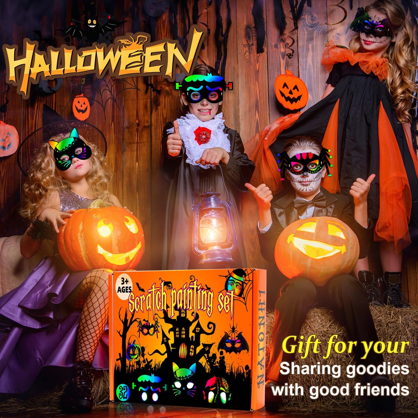 Natonhi 32Pcs Halloween Crafts for Kids Rainbow Scratch Mask, Halloween Games Scratch Art and Craft Kit Classroom Activities Favors Party Supplies