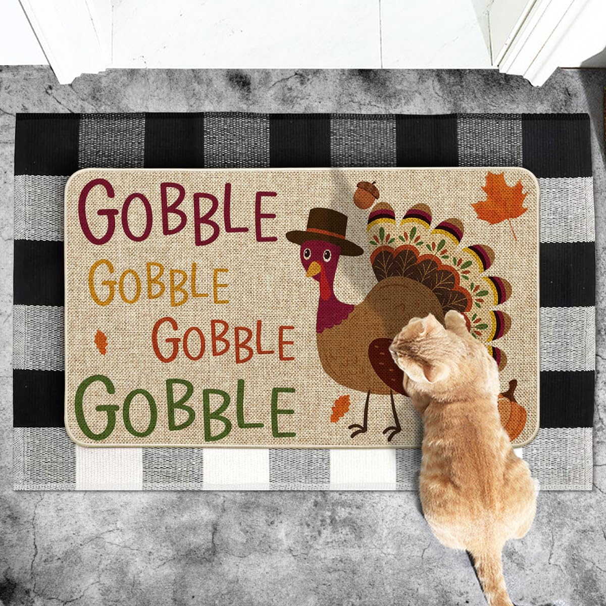 Artoid Mode Gobble Turkey Decorative Doormat, Seasonal Fall Thanksgiving Holiday Party Low-Profile Floor Mat Switch Mat for Indoor Outdoor 17 x 29 Inch