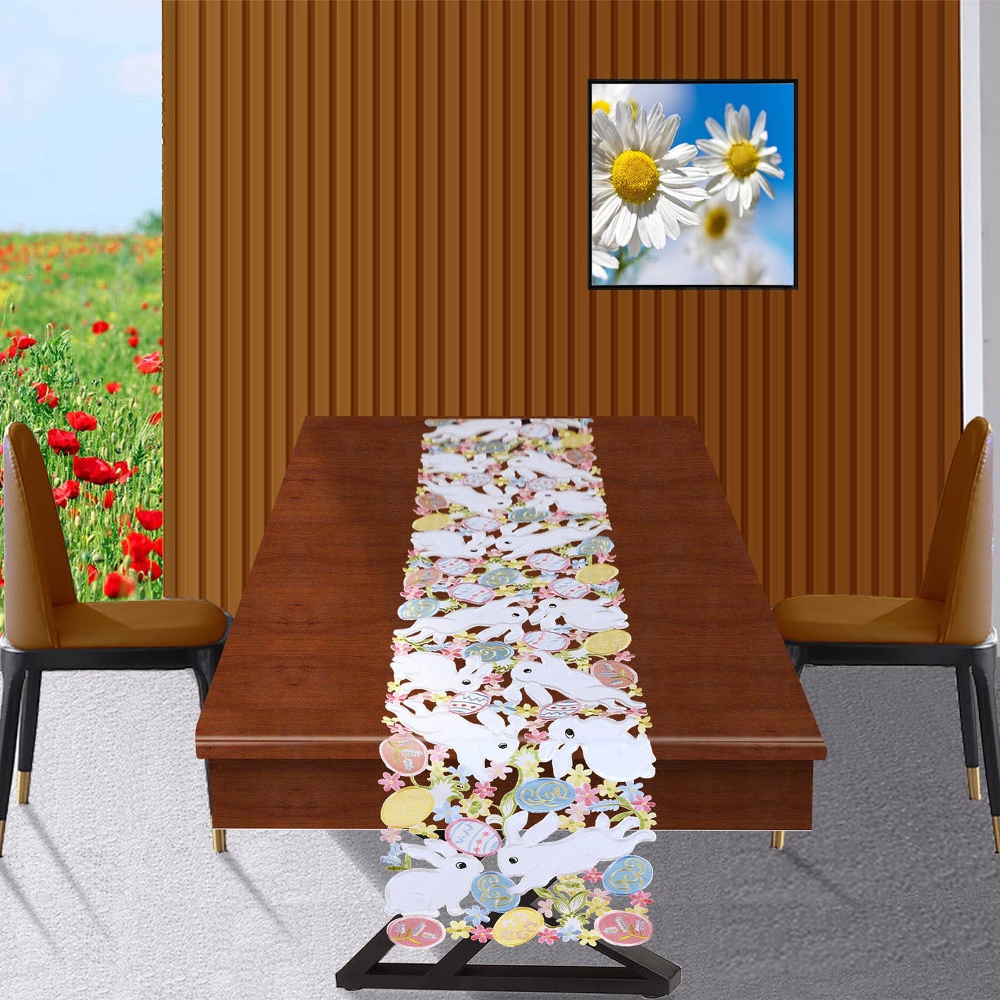 Embroidered Bunny and Colorful Eggs Table Runners for Easter Holiday or Spring Season (14 x 68 inches)