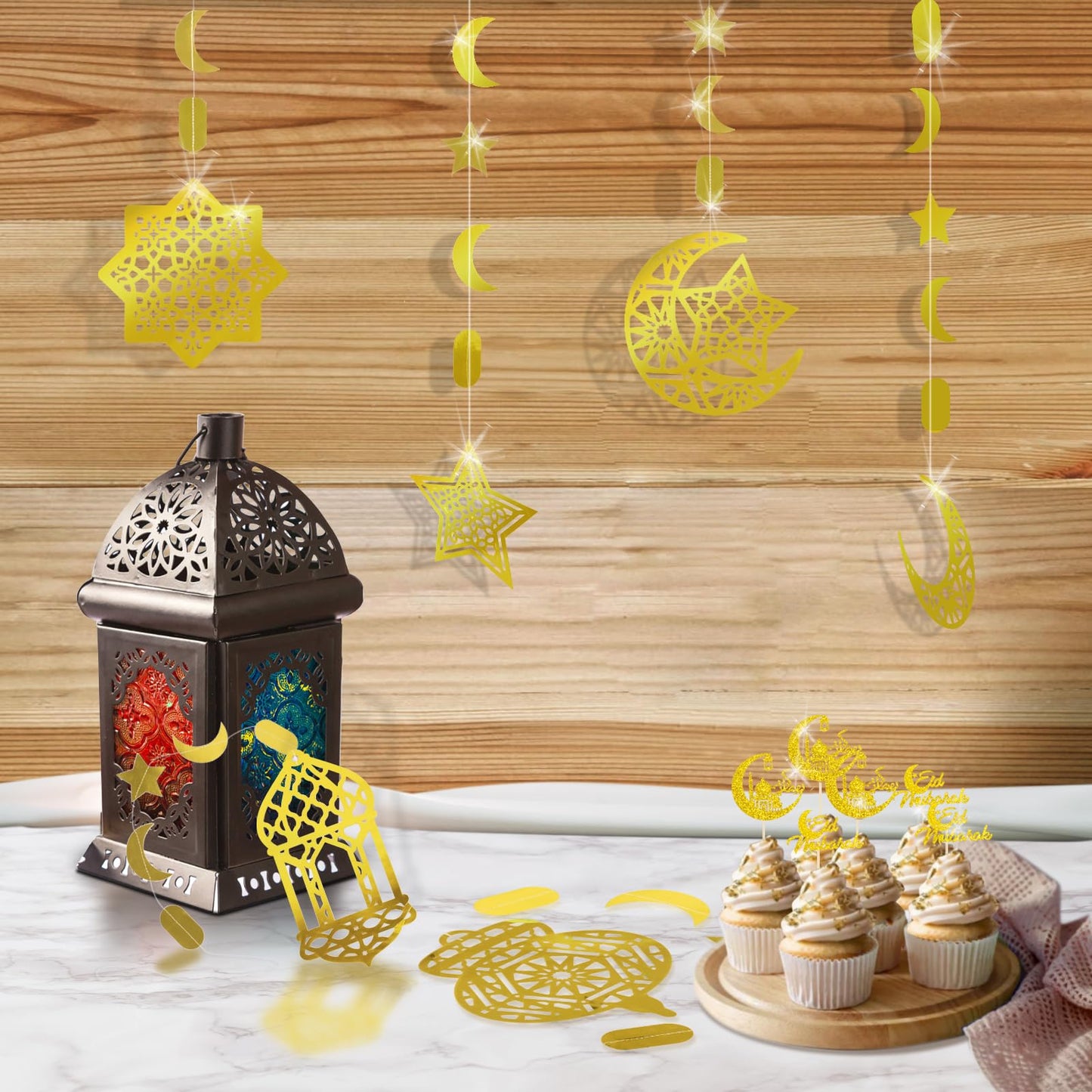 AhfuLife Ramadan Mubarak Decorations, Eid Decorations for Home - Preassembled Ramadan Eid Mubarak Banners, 16 Pcs Eid Balloons, 6 Pcs Islamic Star Moon Lantern Garland Streamer, 10 Pcs Cupcake Toppers