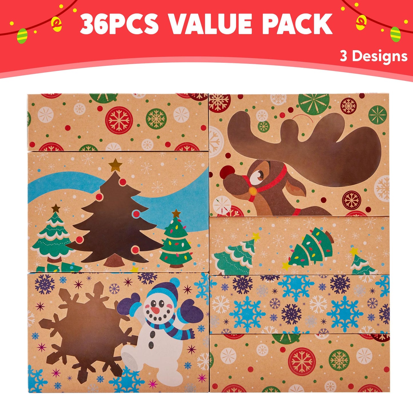 JOYIN 36PCS Christmas Cookie Boxes for Gift Giving, 8.5" x 5.75" x 2.75" Xmas Holiday Treat Cookie Tin with Window, 3 Designs Brown Foiled Kraft Bakery Boxes for Pastries, Cupcakes, Brownies, Doughnut