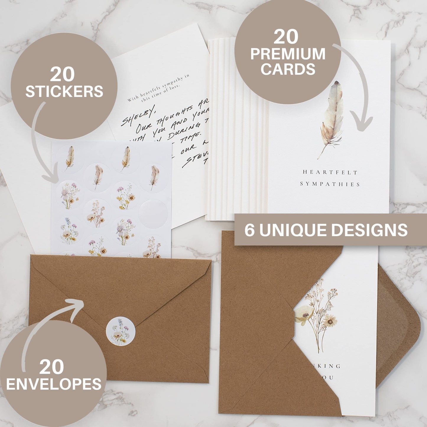 Beautiful Sympathy Cards Set of 20 with Envelopes and Stickers - Perfect Bulk Set To Express Your Condolences - Floral and Feather Assortment w/a Simple Heartfelt Note