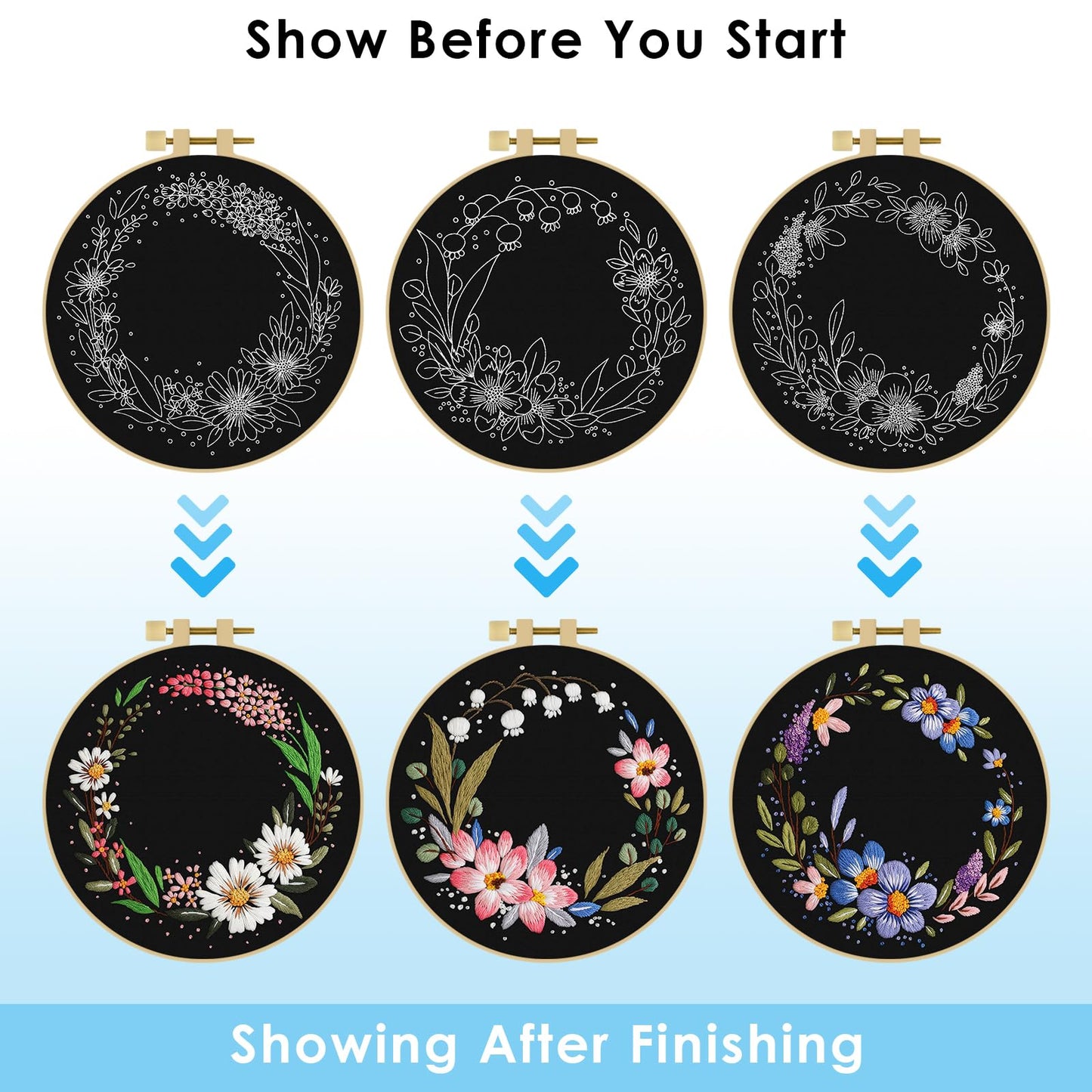 3 Sets Embroidery Kit, Floral Cross Stitch Set for Include Embroidery Cloth Hoops Threads for Craft Lover Hand Stitch (Garlands)