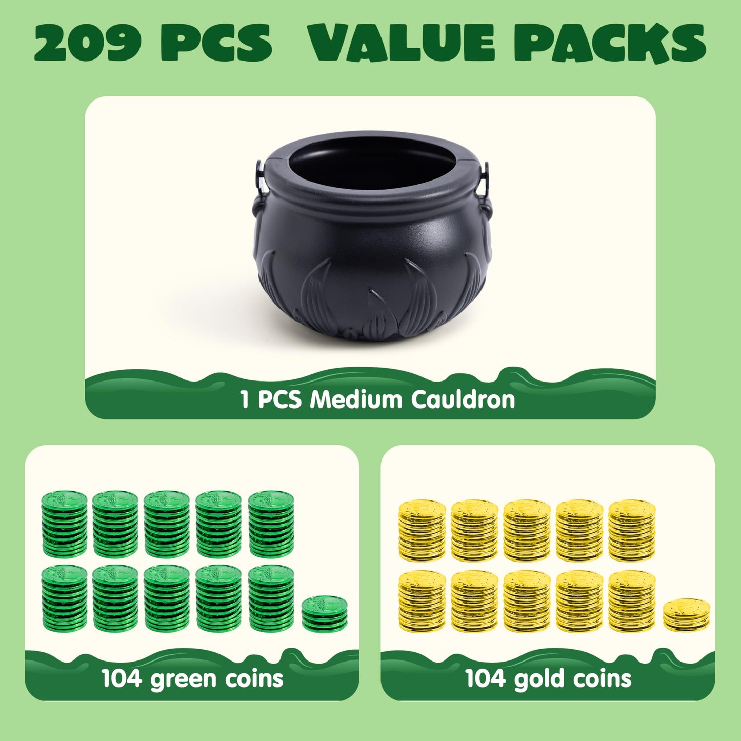 208 St Patrick’s Day Lucky Leprechaun Plastic Coins and 1 Large Black Cauldron with Handle Pot of Gold Party Supplies, St Patrick Decorations Party Favors