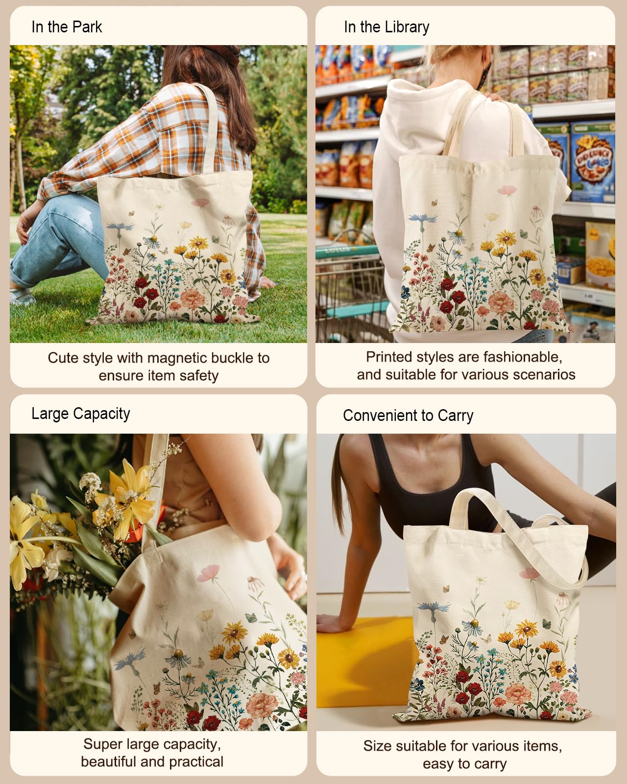 Miss Adola Aesthetic Tote Bag - with Magnetic Buckle and Zipper Inner Pocket for Women Lady Cloth Cotton Tote Bag for Gym, Work, Travel, Shopping, Retro Flower