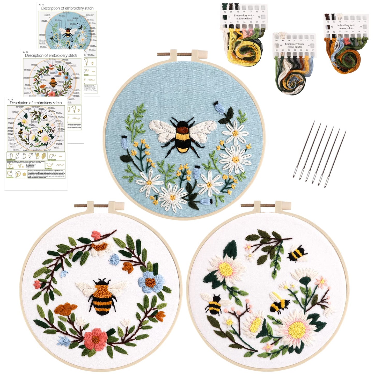 Embroidery Starter Kit for Beginners, 3 Sets Cross Stitch Kits for Adults, Include Embroidery Clothes with Cute Bees and Flowers Patterns, 1 Embroidery Hoop, Threads, Needles and Instruction