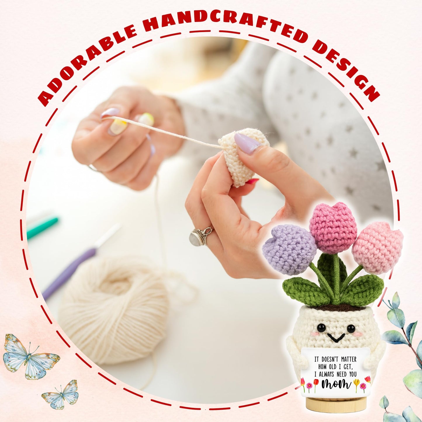 Lucagift Gifts for Mom from Daughter Son - Cute Mothers Day, Birthday Gifts for Moms, Mother, Mama - 5.51'' x 4.13'' Mother's Day Knitted Positive Tulip Flowers Mom Crochet Doll