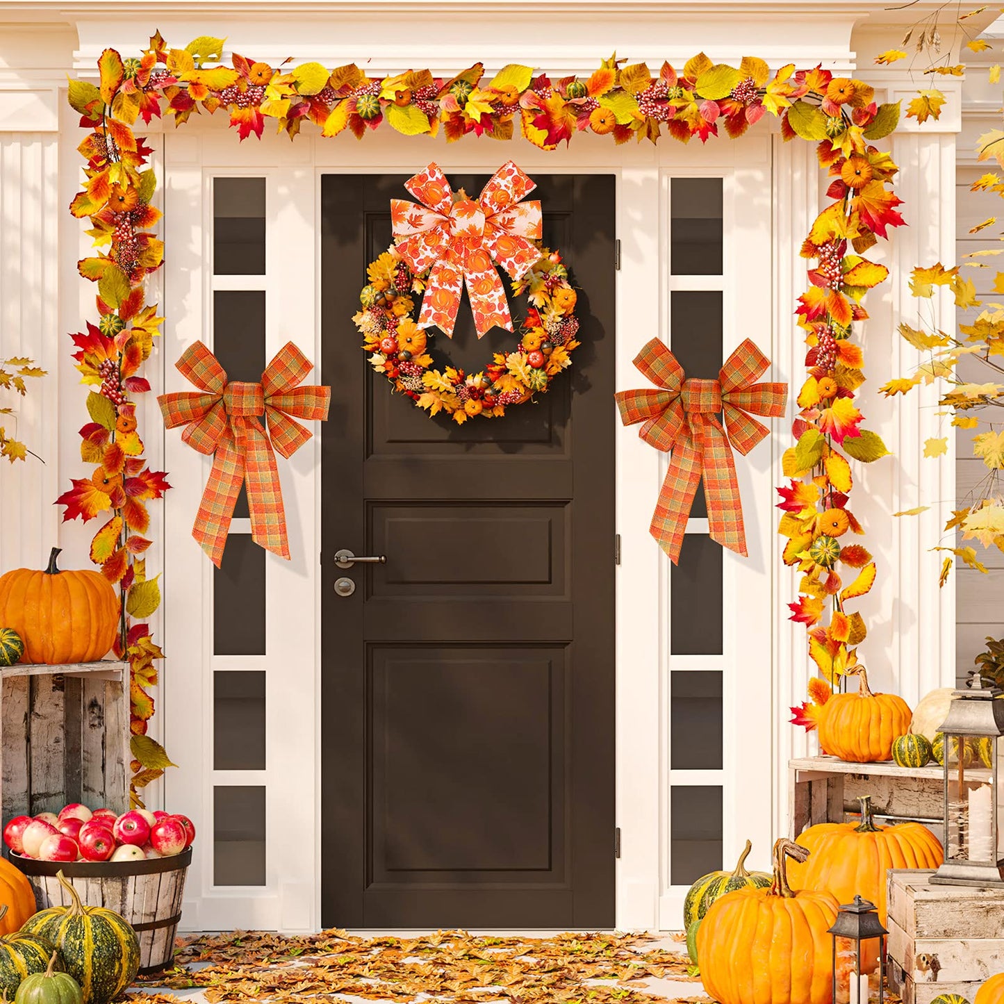 Whaline 6 Rolls Fall Thanksgiving Burlap Ribbon 30 Yard Orange Plaid Autumn Harvest Ribbon Pumpkin Fall Leaves Wired Edge Wrapping Ribbons for Wreath Floral Bows Craft Decor, 2.5In