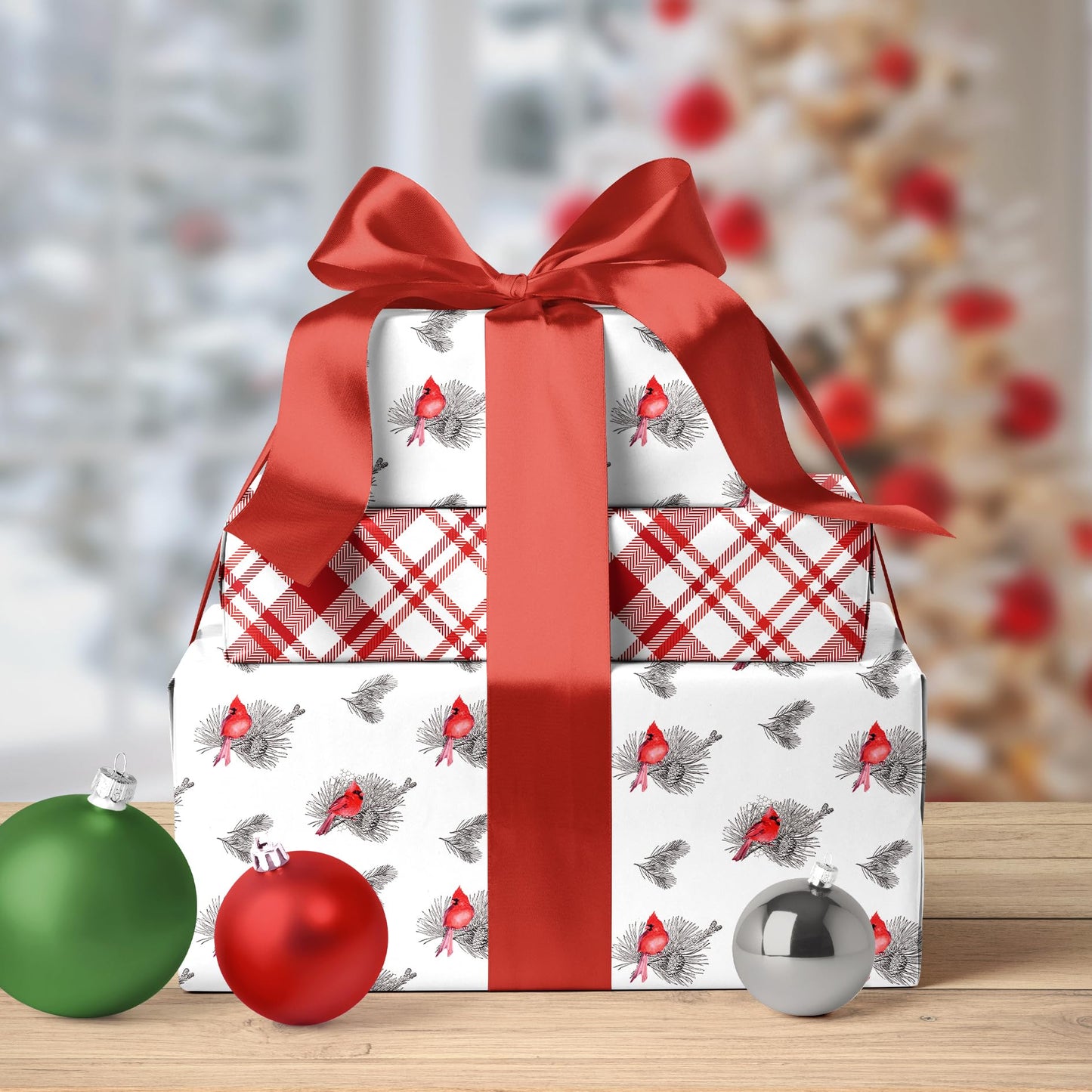 Cardinal Christmas Wrapping Paper Roll, Elegant Red Bird Holiday Gift Wrap with Pine Branches, Nature Xmas Paper for Winter Party, Presents, Family, Friends – 17 inch x 33 feet