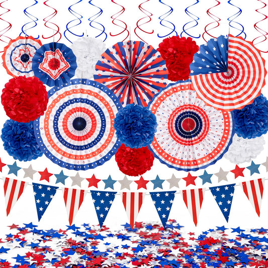 29PCS 4th/Fourth of July Patriotic Decorations Set - 250th Anniversary Red White Blue Paper Fans,USA Flag Pennant,Star Streamer,Pom Poms,Hanging Swirls Party Decor Supplies