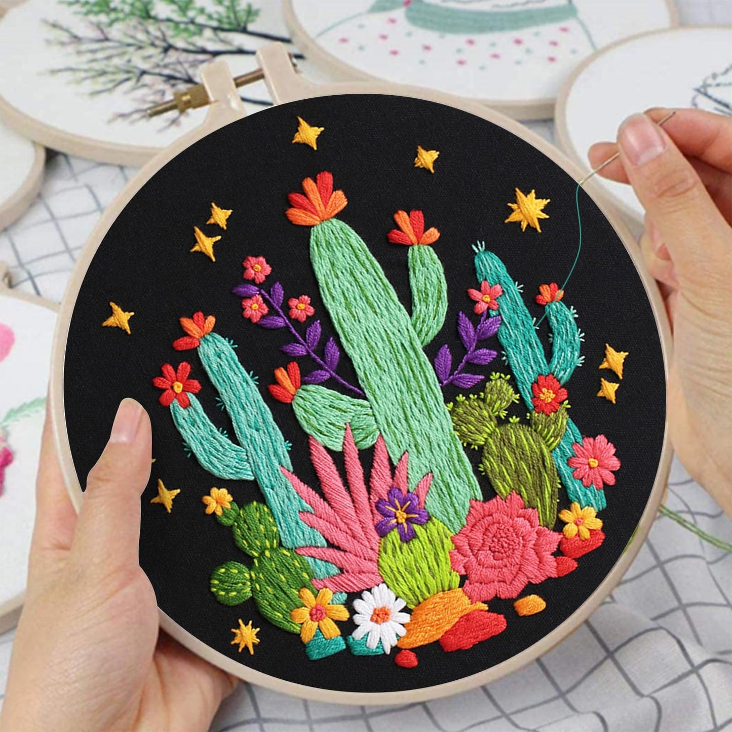 Louise Maelys Cactus Embroidery Kits for Beginners, DIY Cross Stitch Starter Craft Kits for Adults Including Embroidery Cloth with Pattern, Hoop, Needles Instruction and Threads