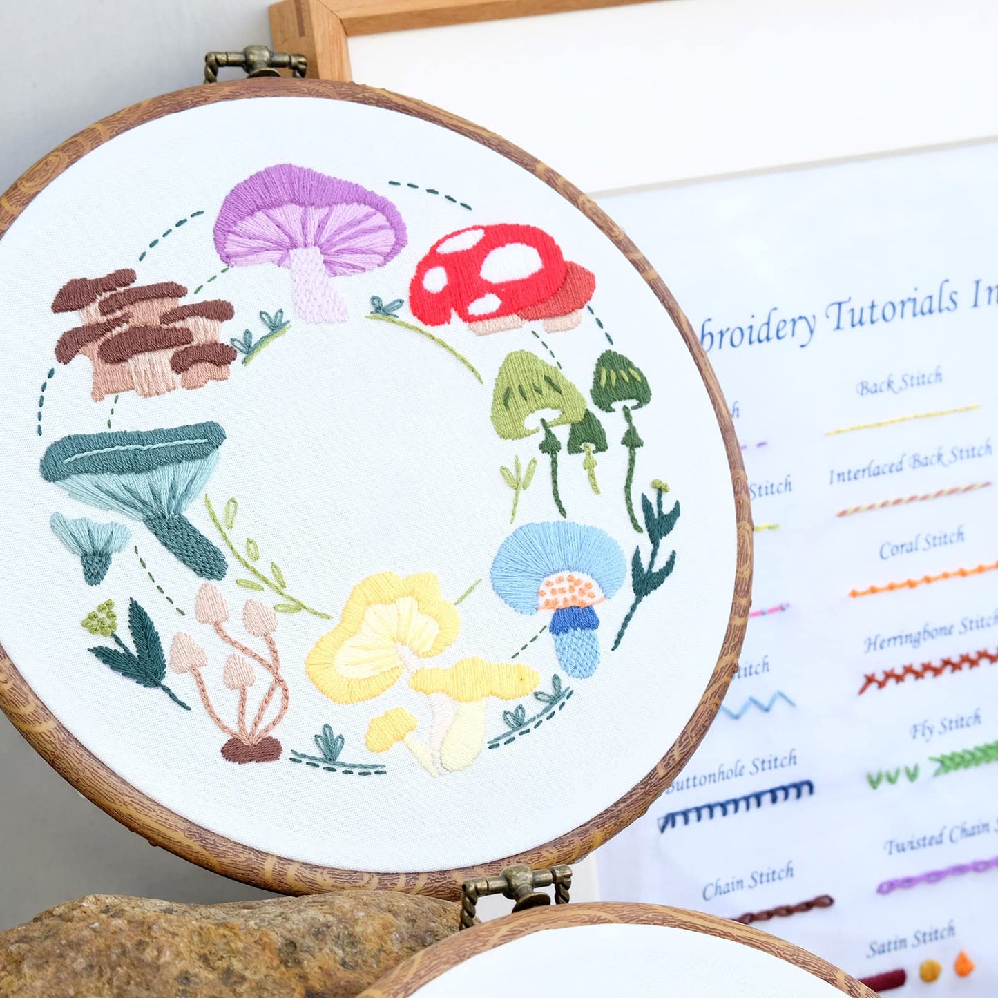 HAND U JOURNEY Basic Embroidery Stitch Kit: Perfect for Beginners with 28 Different Stitches and a Mushroom Embroidery Set
