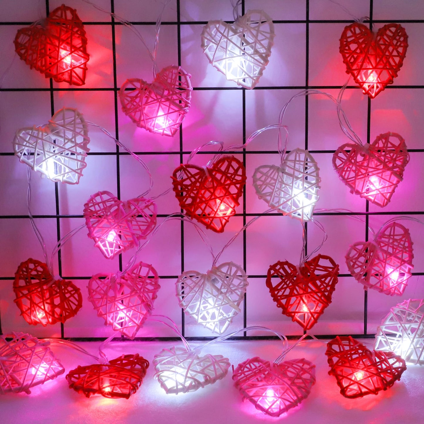 Valentines Day Decorations Red Pink White Heart Lights 10FT 20LED 3D Hollowed Rattan Big Heart String Light Battery Operated, Valentines Day Lights Romantic Valentines Decoration Bedroom Party