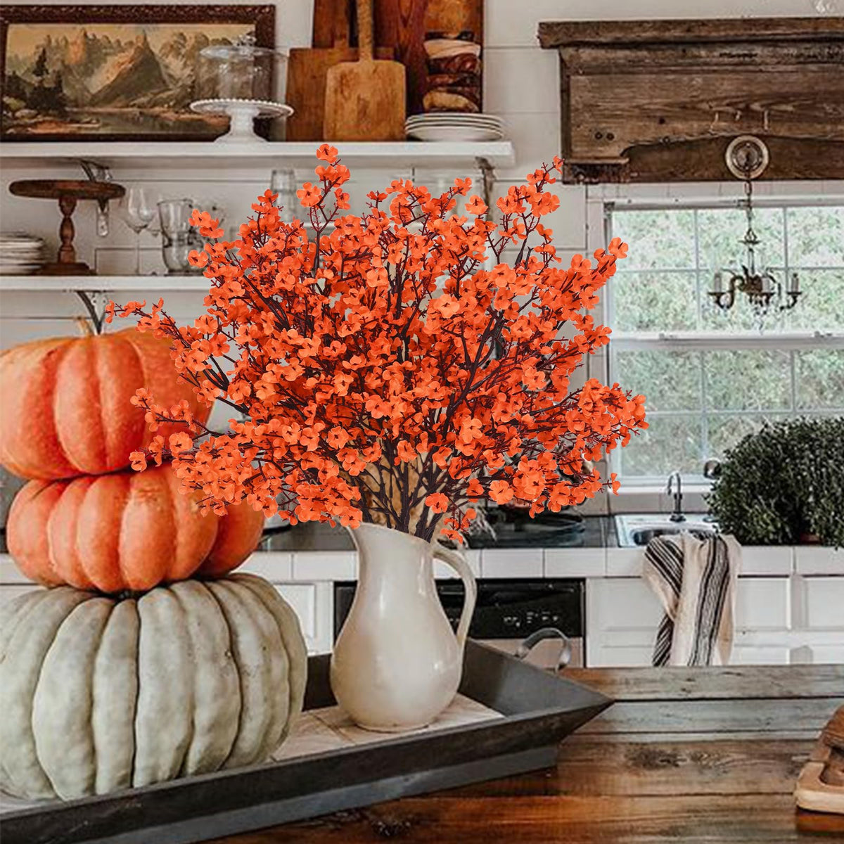 5 Pcs Fake Fall Flowers, Real Touch Babys Breath Artificial Flowers, Orange