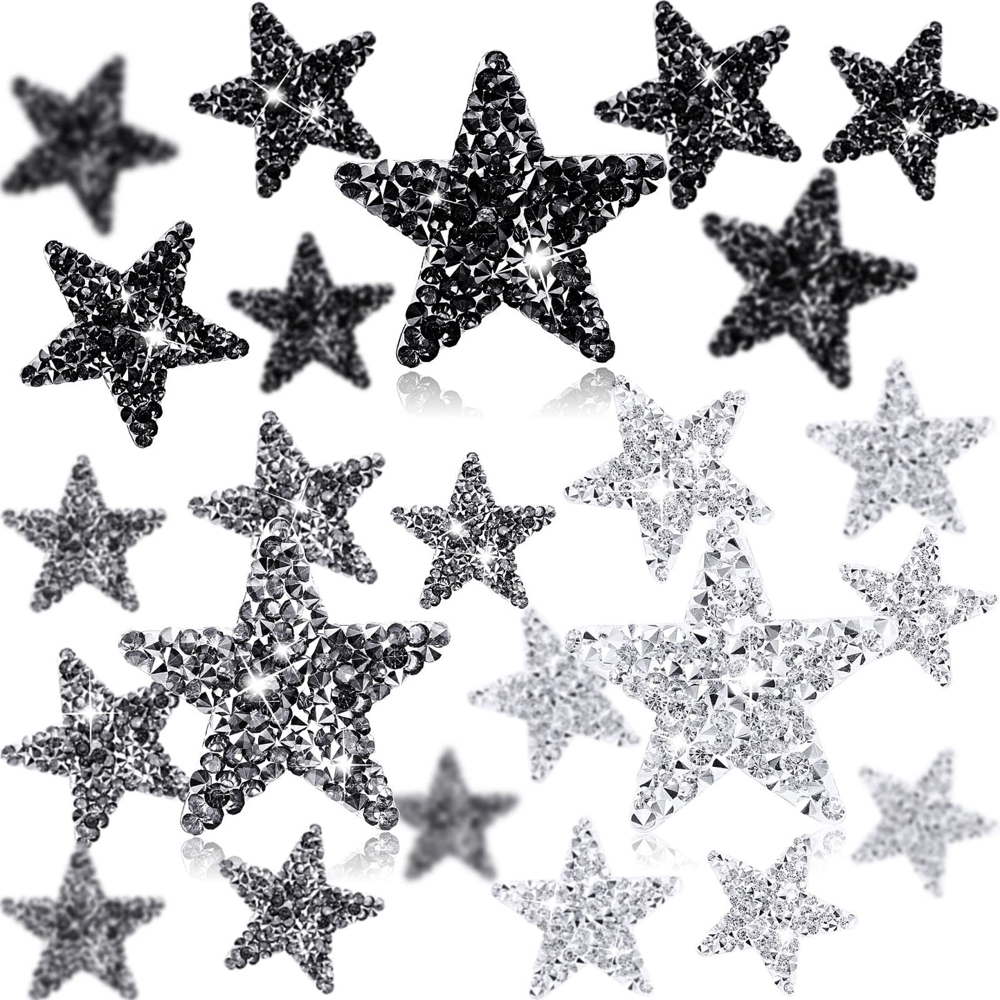 Syhood 24 Pcs Star Patches Iron on Rhinestone Adhesive Sequin Glitter Star Patches Appliques for Graduation Holiday Wedding Clothing Jeans Repair Decors(1.57 Inch,Black, Silver, Grey)