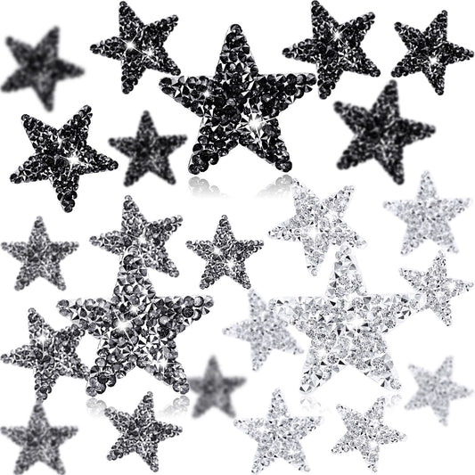 Syhood 24 Pcs Star Patches Iron on Rhinestone Adhesive Sequin Glitter Star Patches Appliques for Graduation Holiday Wedding Clothing Jeans Repair Decors(1.57 Inch,Black, Silver, Grey)
