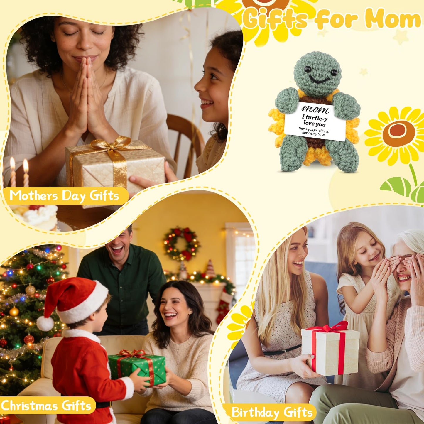 Mothers Day Gifts for Mom from Daughter Son,Funny Mom Gifts Birthday Gifts for Grandma Mother,Mini Positive Handmade Crochet Christmas Stocking Stuffers Secret Santa Gift Ideas (Sunflower-Turtle-Mom)