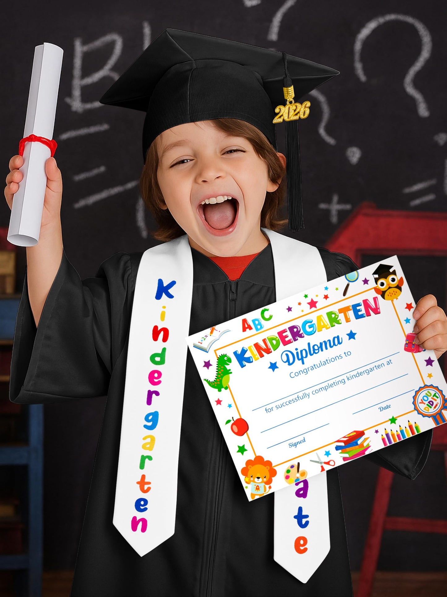QZYL Kindergarten Graduation Cap and Gown Set, 2025 Kids Graduation Outfit with Tassel and Certificate for Kindergarten