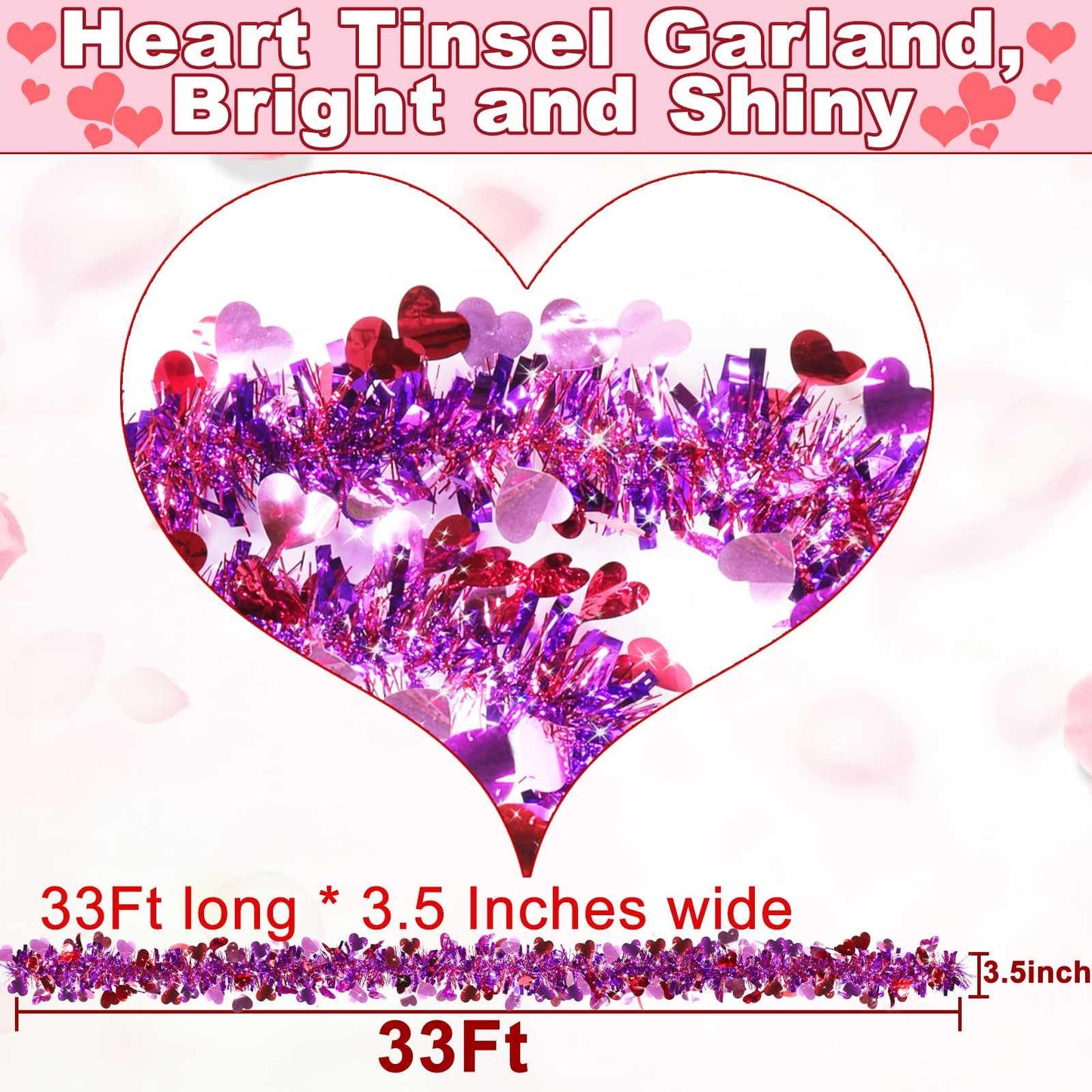 TURNMEON 33 Feet Valentines Day Decorations Heart Tinsel Garland, Red Pink Purple Metallic Garland Valentines Day Garland Decorations for Tree Home Indoor Outdoor Wedding Hanging Galentine's Day Decor
