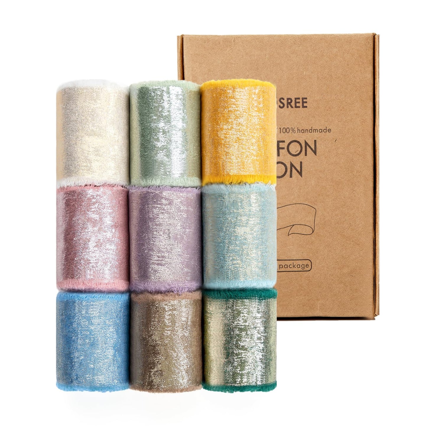 Multicolour Silk Chiffon Ribbon,Frayed Shimmery Silk Ribbon for Bridal Flower Bouquet Christmas Gift Wrapping Wedding Decor Invitations Decorations 1.5" x 18 Yards (2Yards X 9 Rolls)